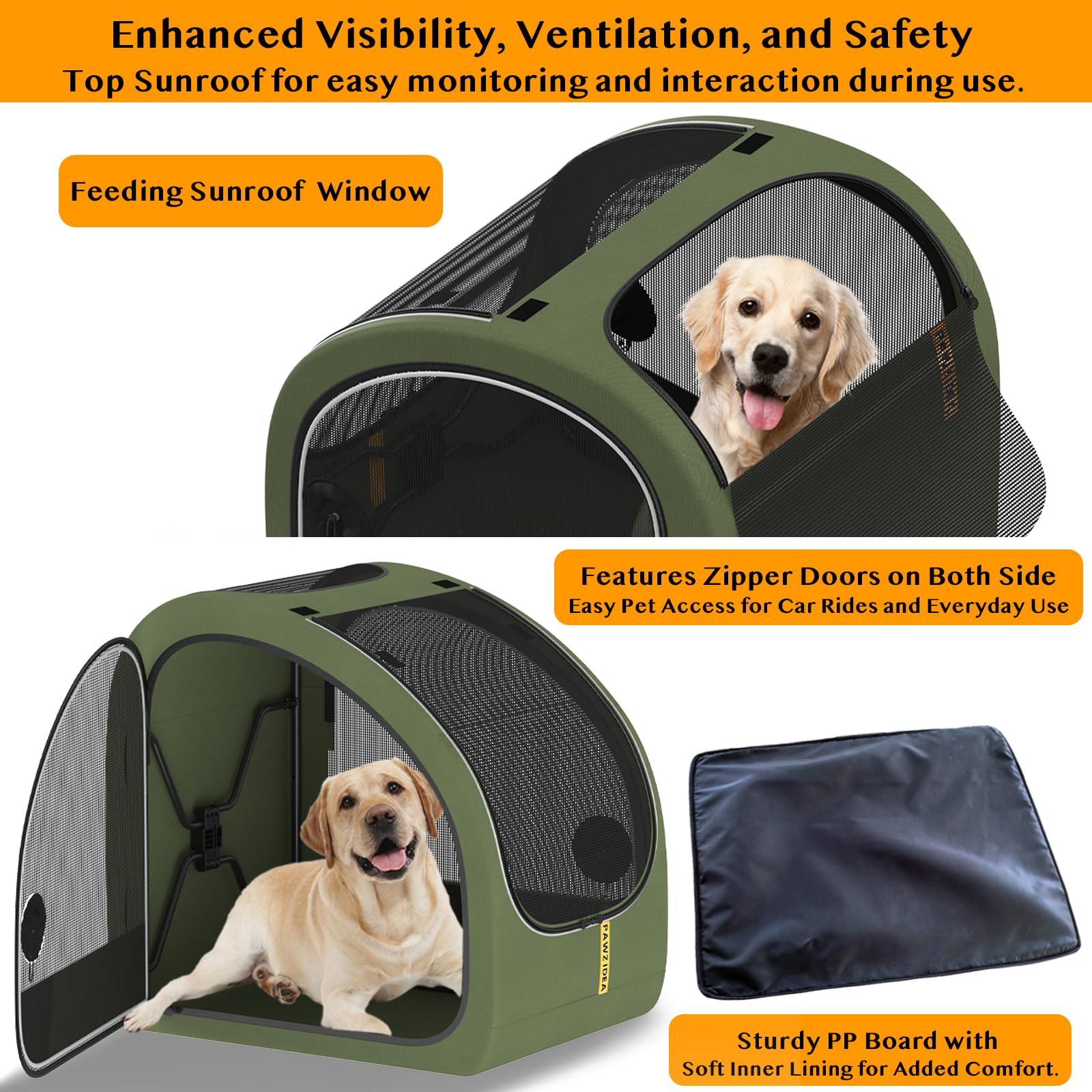 Pawzidea Collapsible Dog Travel Crate, Portable Pet Crate For Car, Soft-Sided Dog Kennel For Medium Large Dogs, Pop-Up Metal Fra