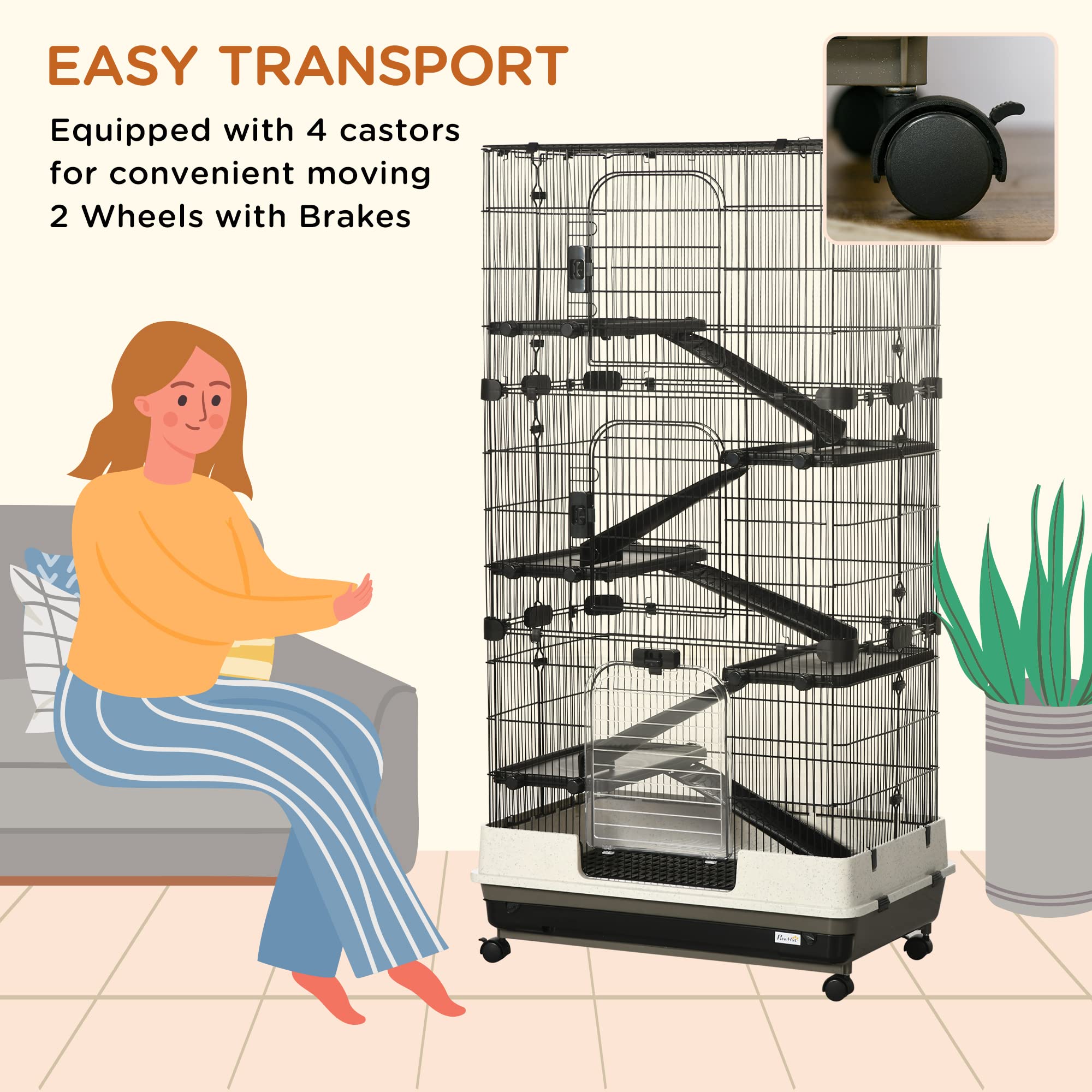 Pawhut 59.5' Small Animal Cage With Wheels, 6-Level Portable Bunny Cage, Chinchilla Ferret Cage With Removable Tray, Platform And Ramp