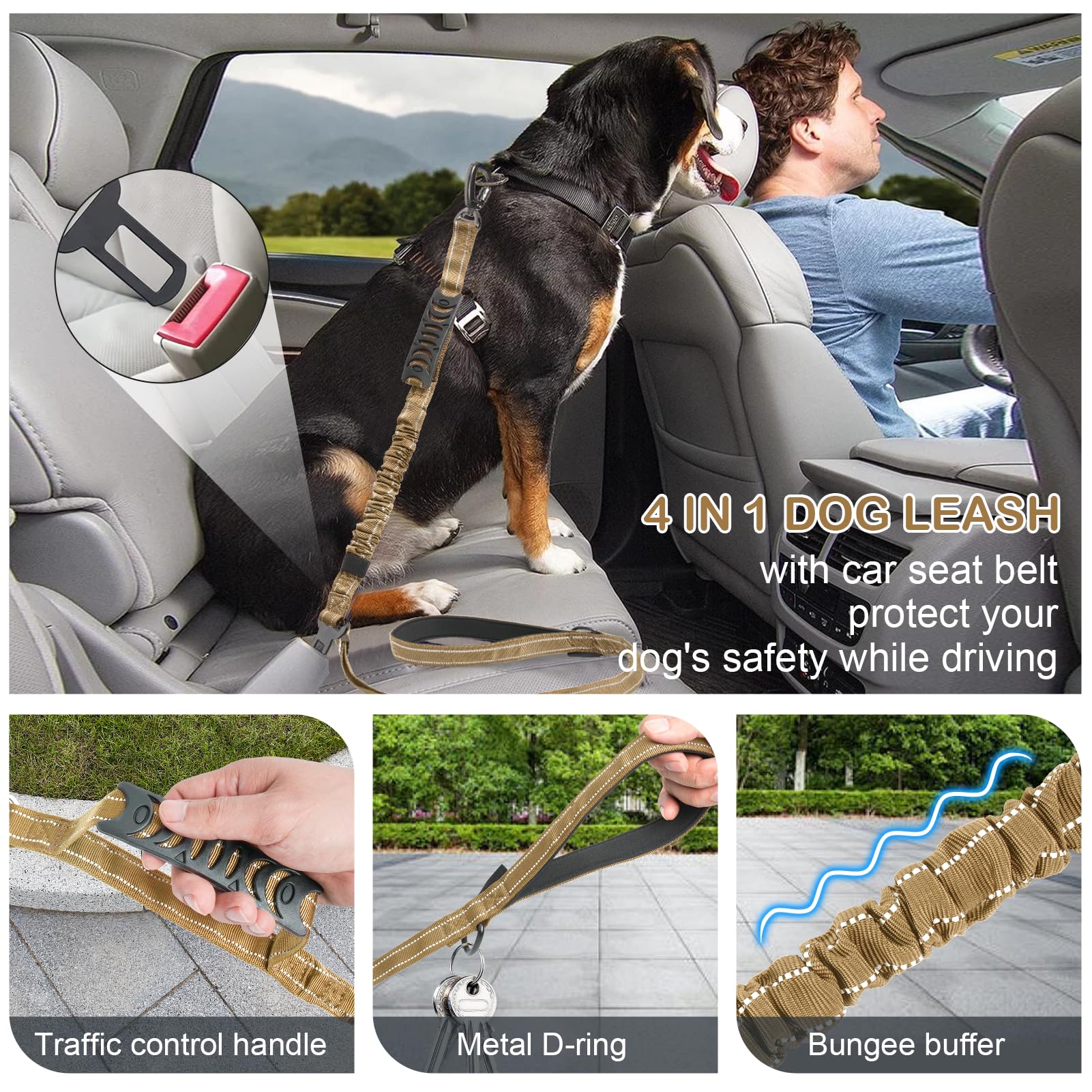 Chioratree Tactical Dog Leash Heavy Duty, 4-6FT Shock Absorbing Bungee Dog Leash, Reflective Military Strong No Pull Lead with 2