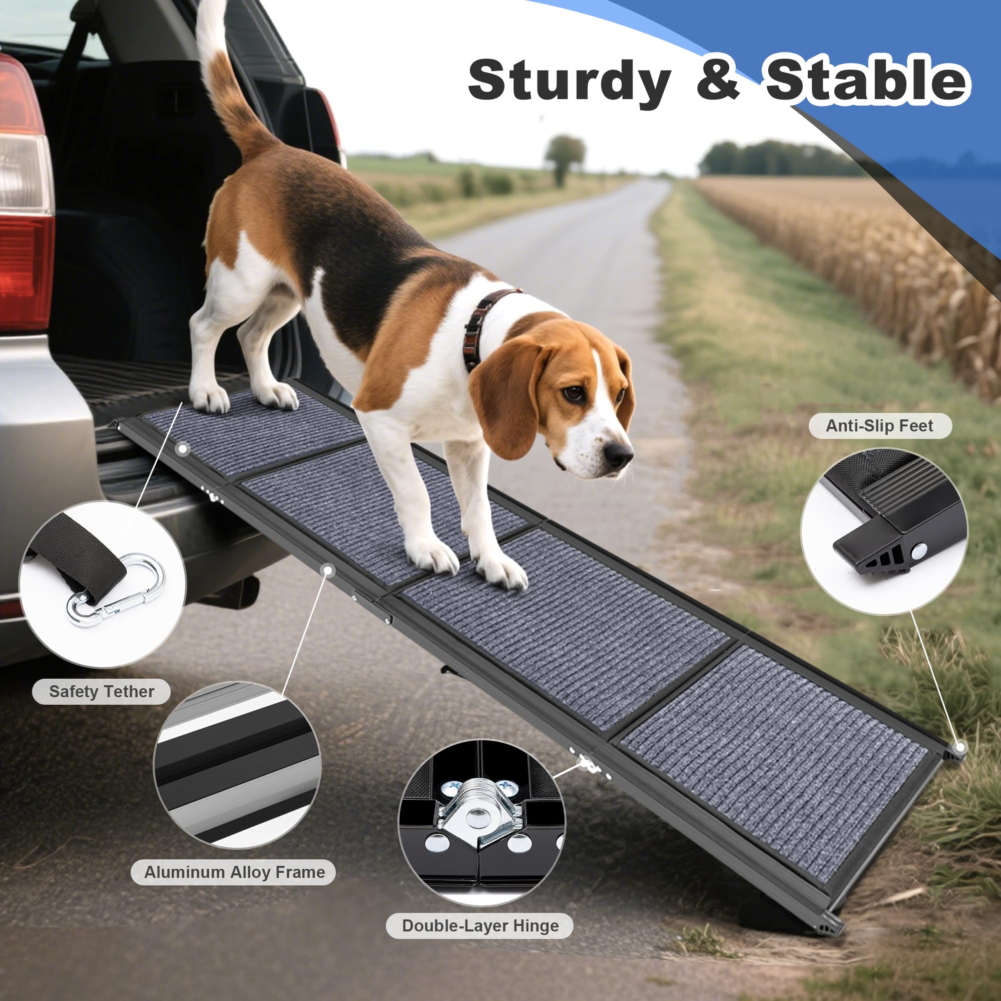 COSIEST Dog Ramp for Car, 63 L x 17.3 W Folding Pet Ramp for Large Dogs Up to 250LBS, Portable Dog Steps with Non-Slip Surface f