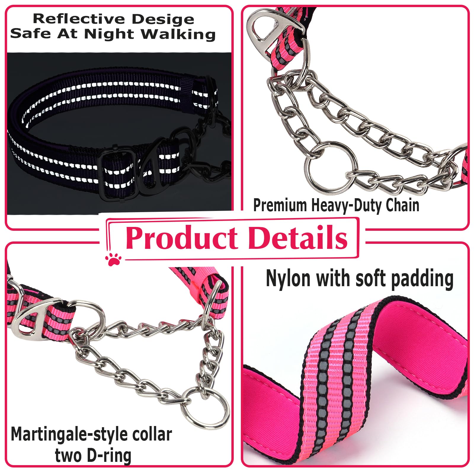 Martingale Collar For Large Dogs,Pink Reflective Collar With Night Safety Design For Large/Medium Xl Xxl Female Dogs Secure Pet