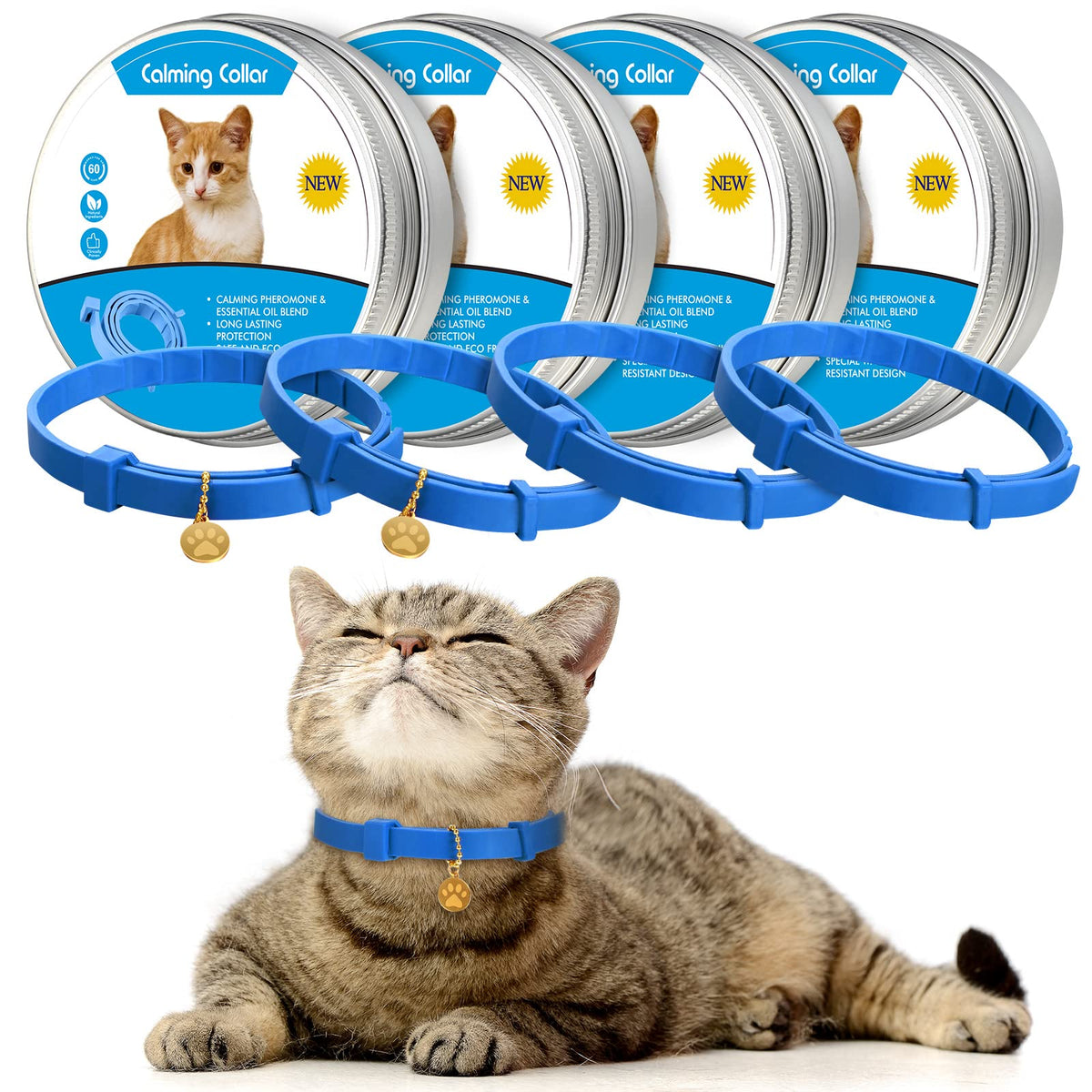 4 Pcs Calming Cats Collar Adjustable Cat Calm Collar Lavender Scent Relaxing Cat Collar With 2 Pendant For Puppies Cats Reduce Stress Aggression Anxious, Up To 15 Inches (Blue)