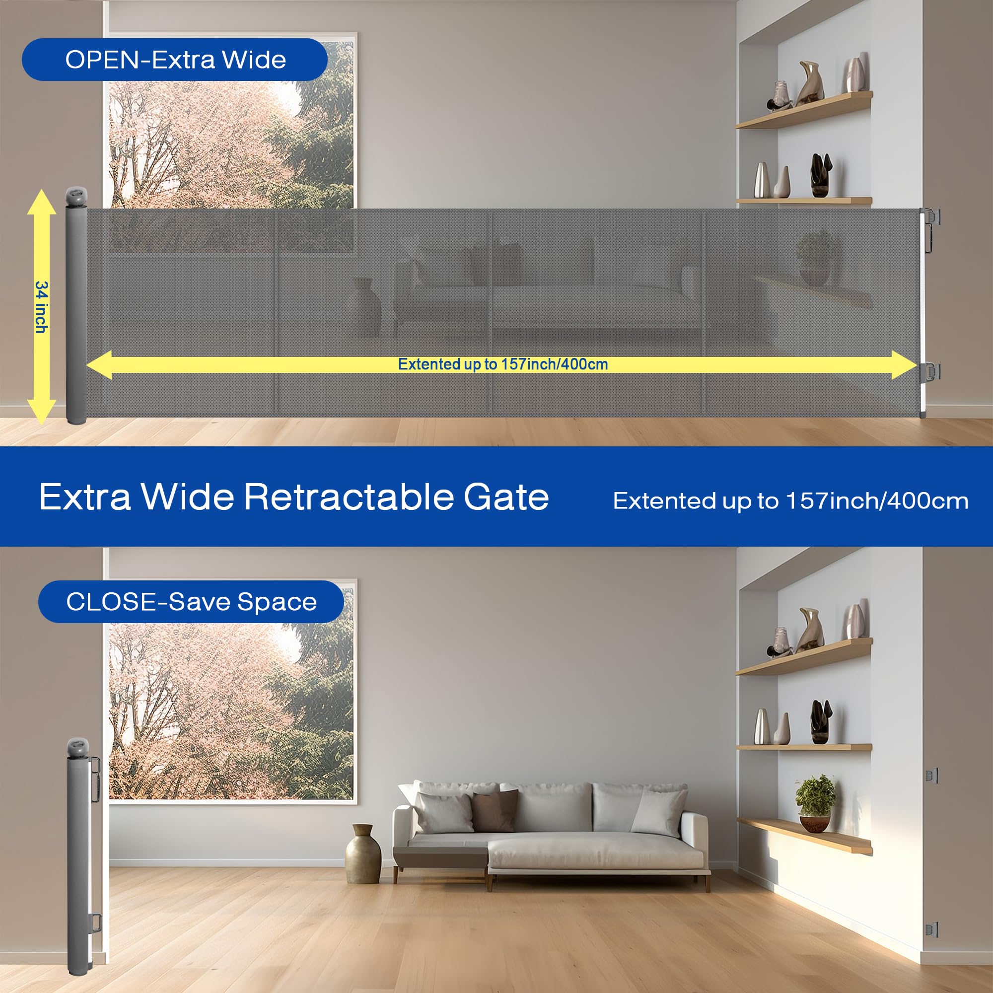 157 Extra Wide Retractable Baby Gates, Mesh Pets Dog Gates with Support Rods for Indoor Stair, Extra Long Retractable Safety Kid