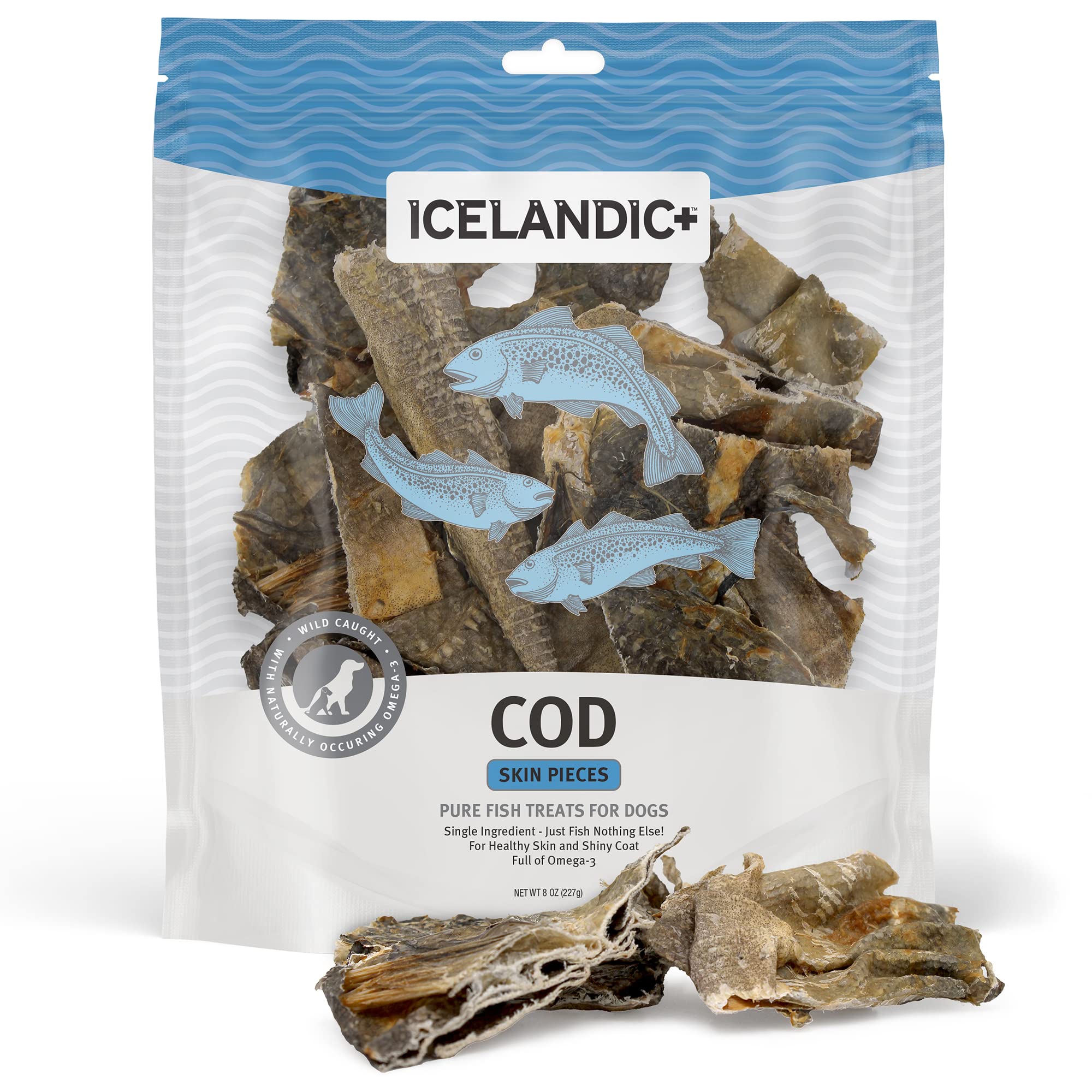 Icelandic+ Cod Skin Pieces - 8oz Bag - Pure Fish Dog Treats, Wild- Caught & Air-Dried, Single Ingredient Snacks, Pet Chews, Just