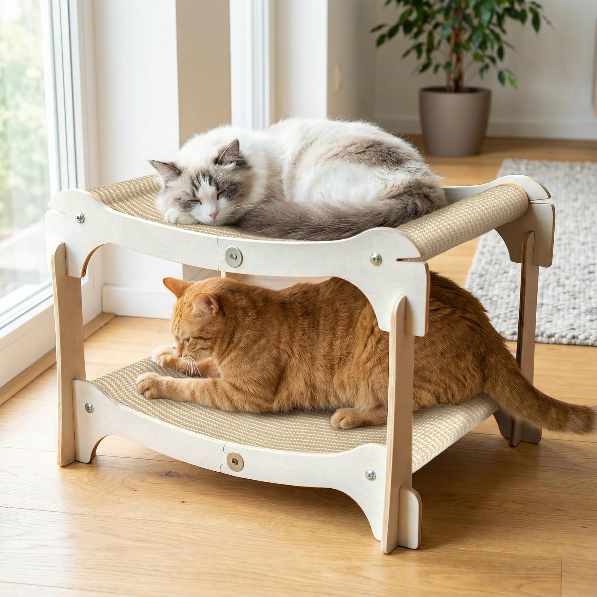Two-Tier Sisal Cat Scratcher Bed - Large Scratching Board with Lounger Cat Scratch Pad, Sturdy Wooden Scratching Post for Indoor