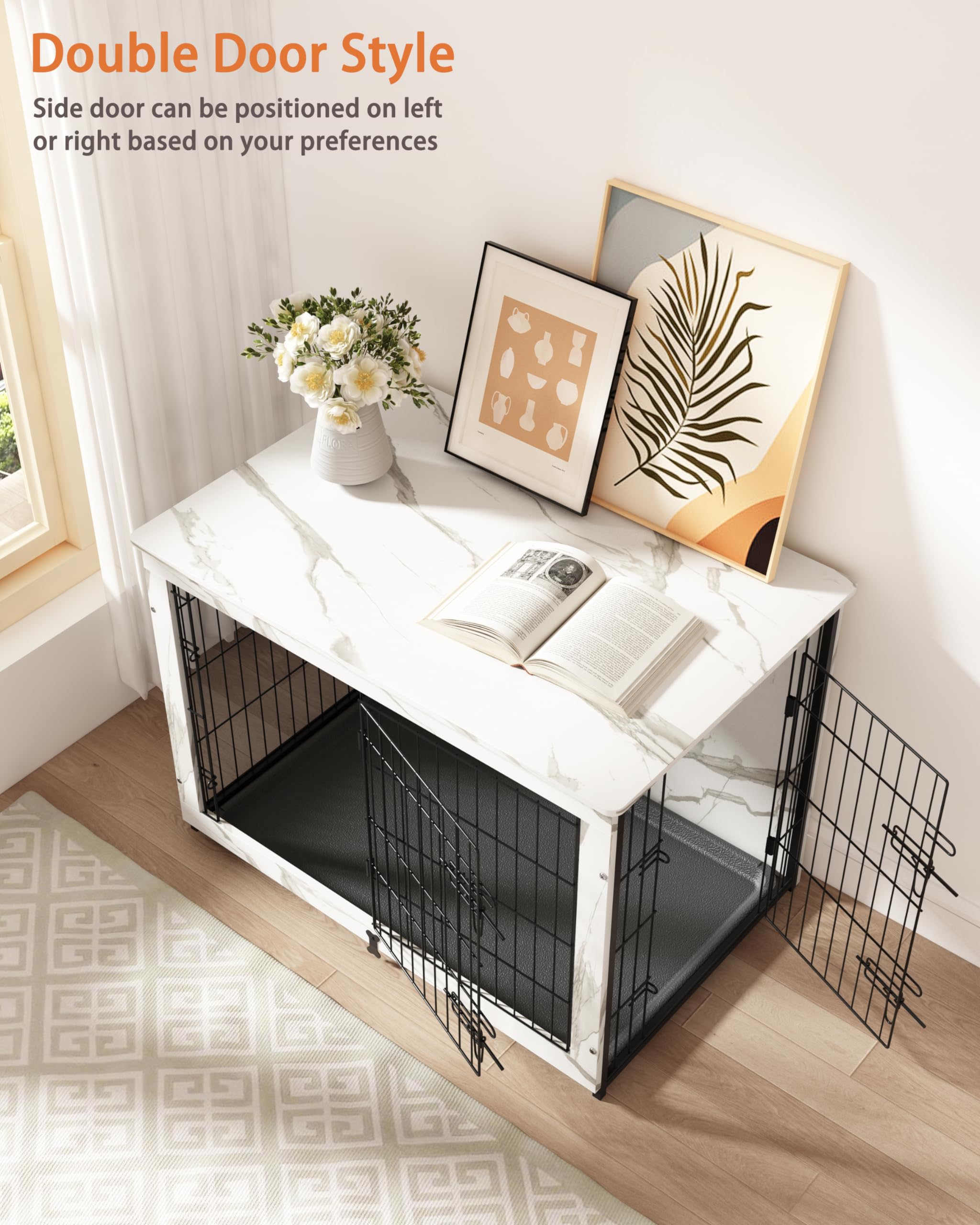 Megidok Wooden Dog Crate Furniture, Marble White End Table with Tray, Double Doors, 37"L x 25"W x 26"H, Model BBDD