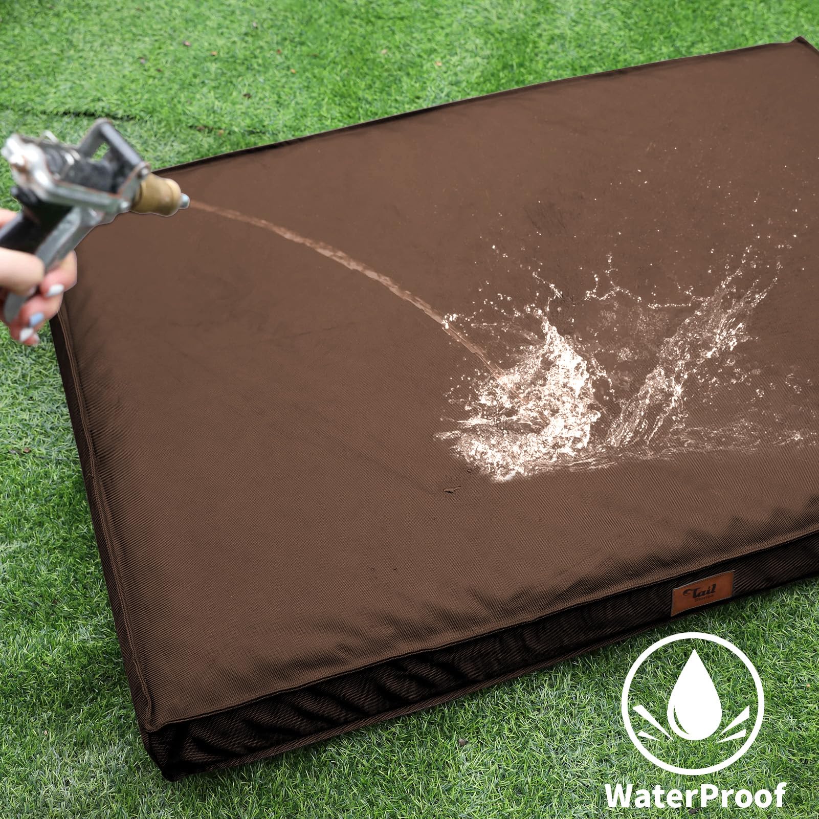 Tail Stories Outdoor Dog Bed - Waterproof Oxford Fabric, Orthopedic Egg Foam, 30"L x 20"W x 3"Th, Brown
