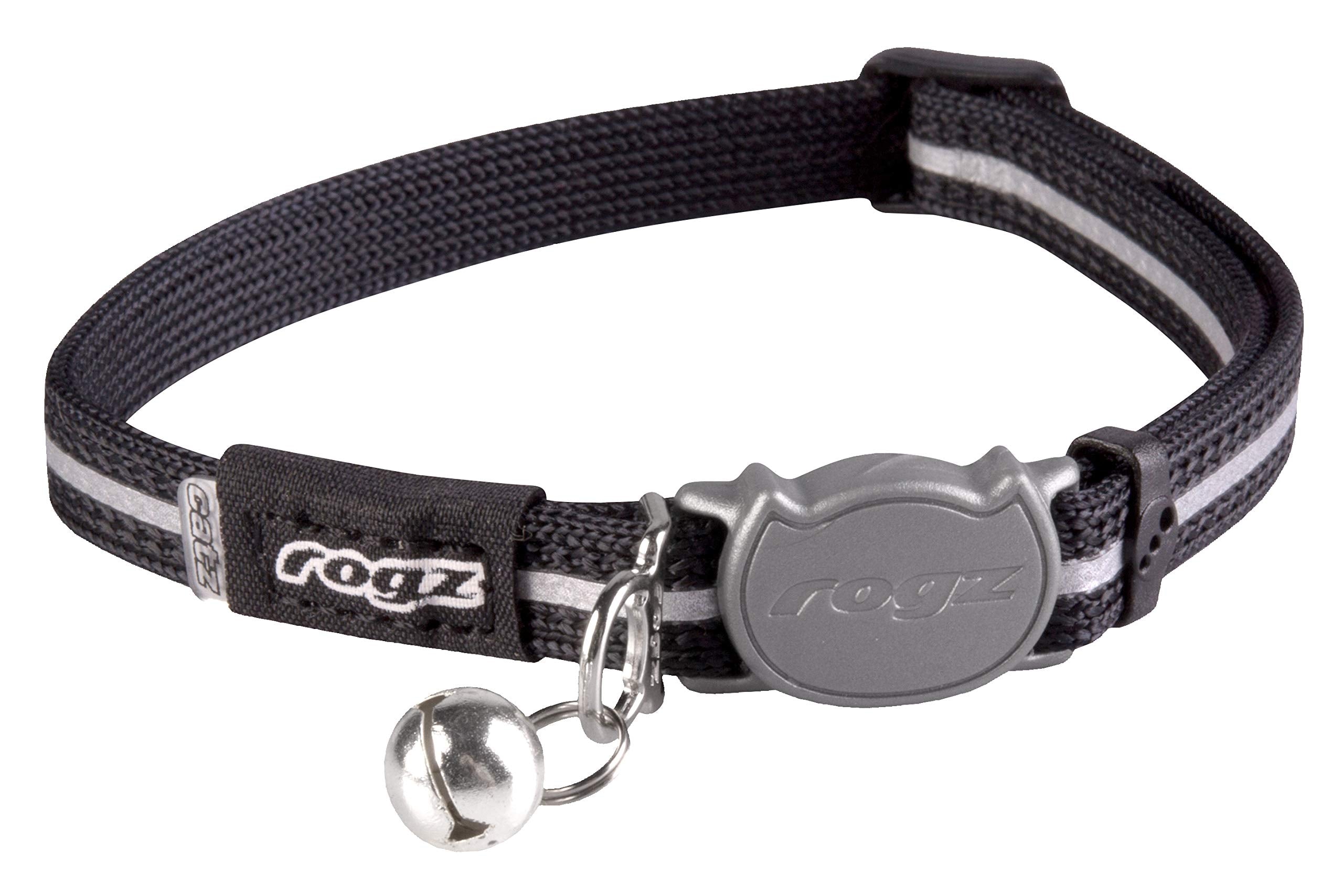 Rogz Reflective Nylon Cat Collar, Breakaway Clip & Bell, Adjustable 3/8" Small, Black, Model CB16-A