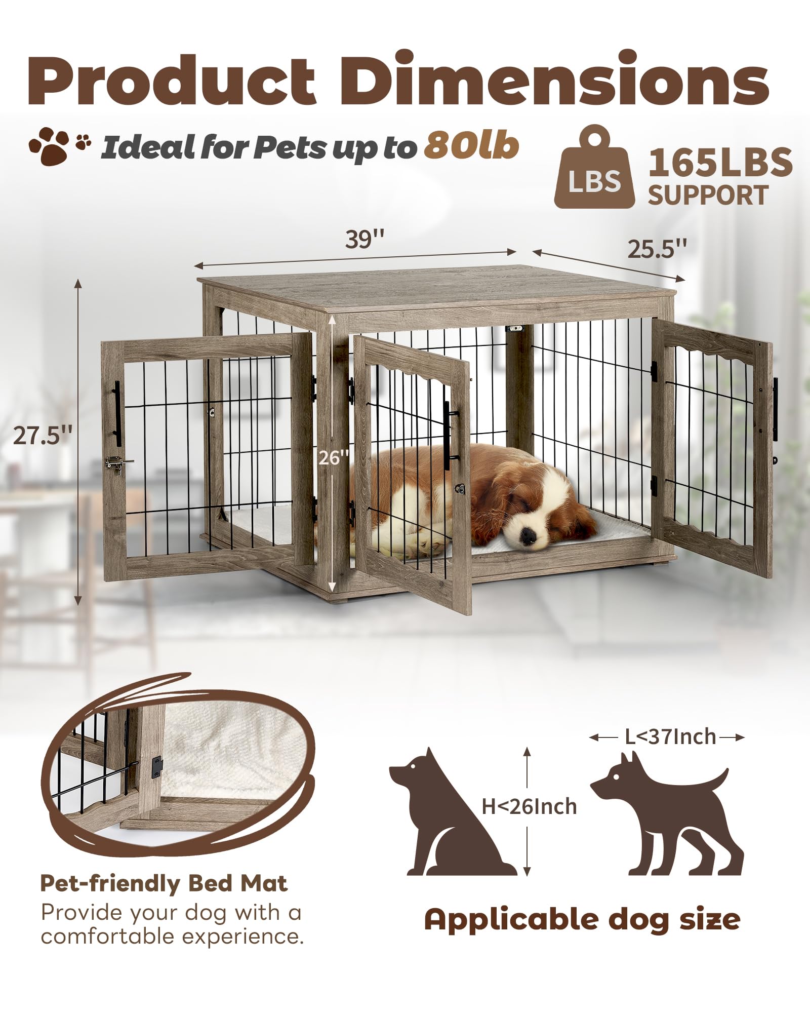 Upolana Dog Crate Furniture, 38 inch Large Dog Crates with Bed Mat, Wooden Dog Kennel Furniture, End Side Table Dog Cage with 3