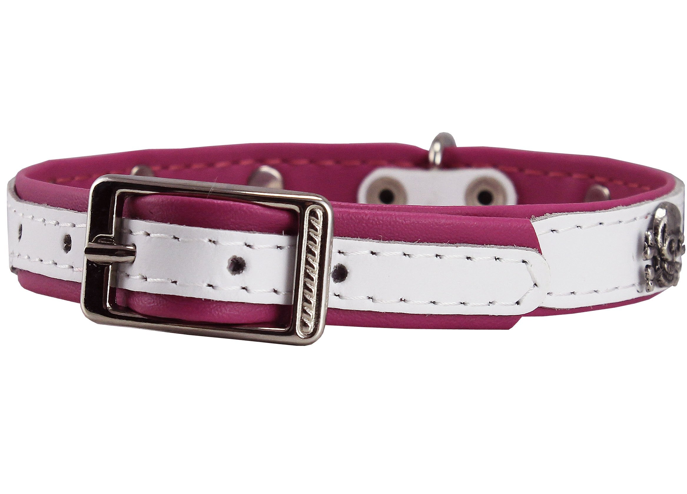 Dogs My Love Real Leather Skull Studded Padded Dog Collar (11.5'-14' Neck; 5/8' Wide, White/Pink)