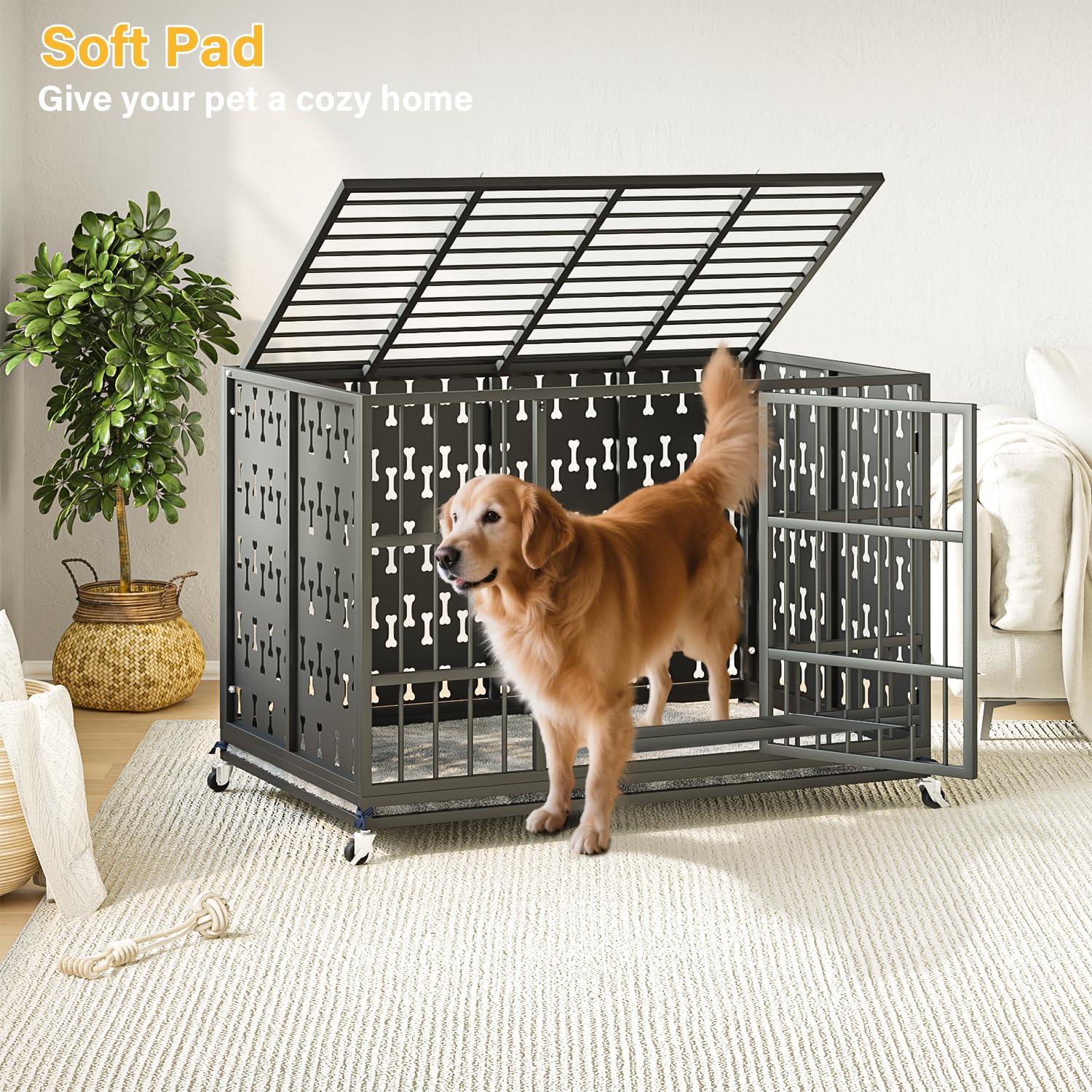Tornivk 48 Inch Large Dog Crate with Soft Pad Indestructible Heavy Duty Steel Dog Crate Modern Bone-Shaped Pattern Big Removable