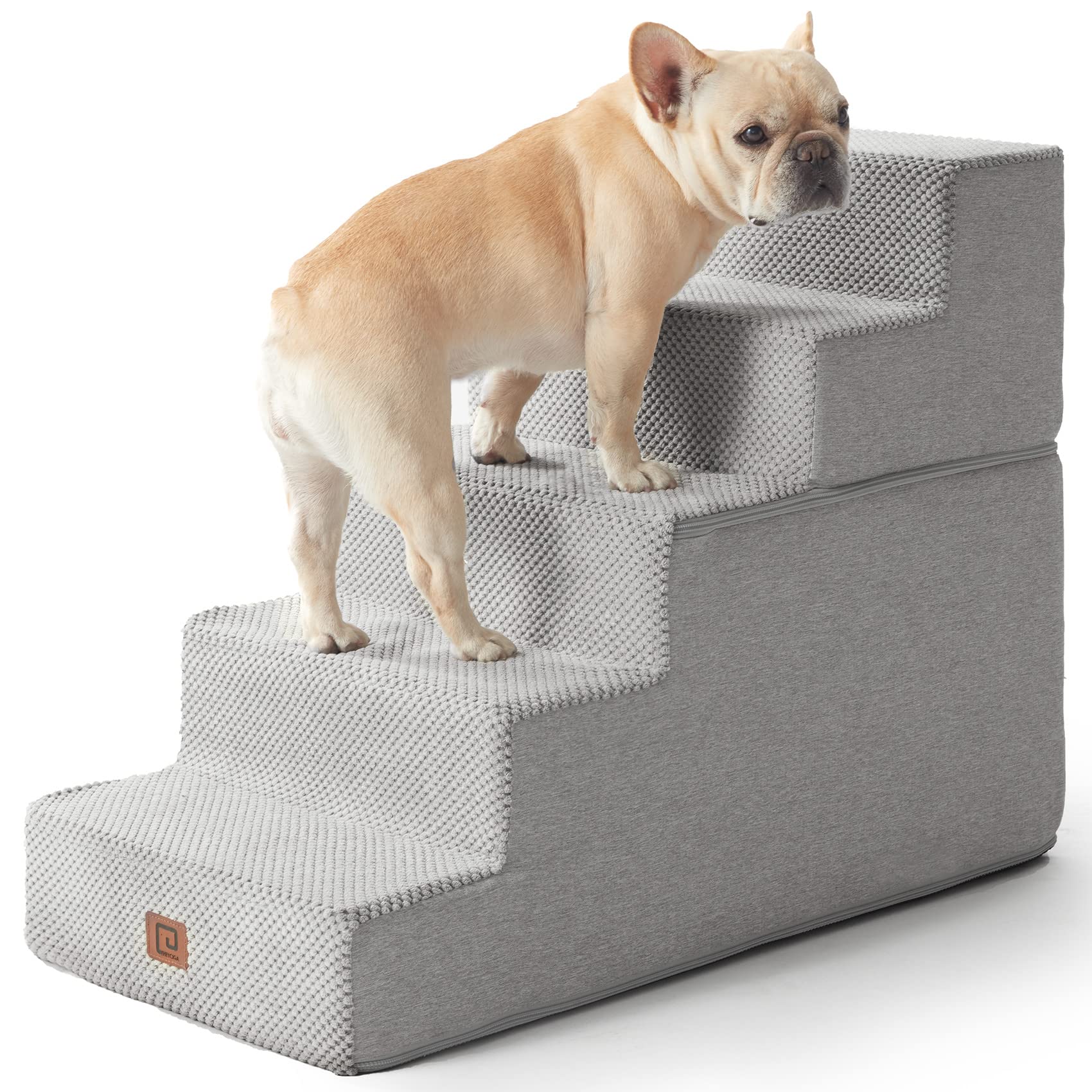 Eheyciga Dog Stairs For High Bed 22.5”H, 5-Step Dog Steps For Bed, Pet Steps For Small Dogs And Cats, Non-Slip Balanced Dog Indoor Ramp, Light Grey