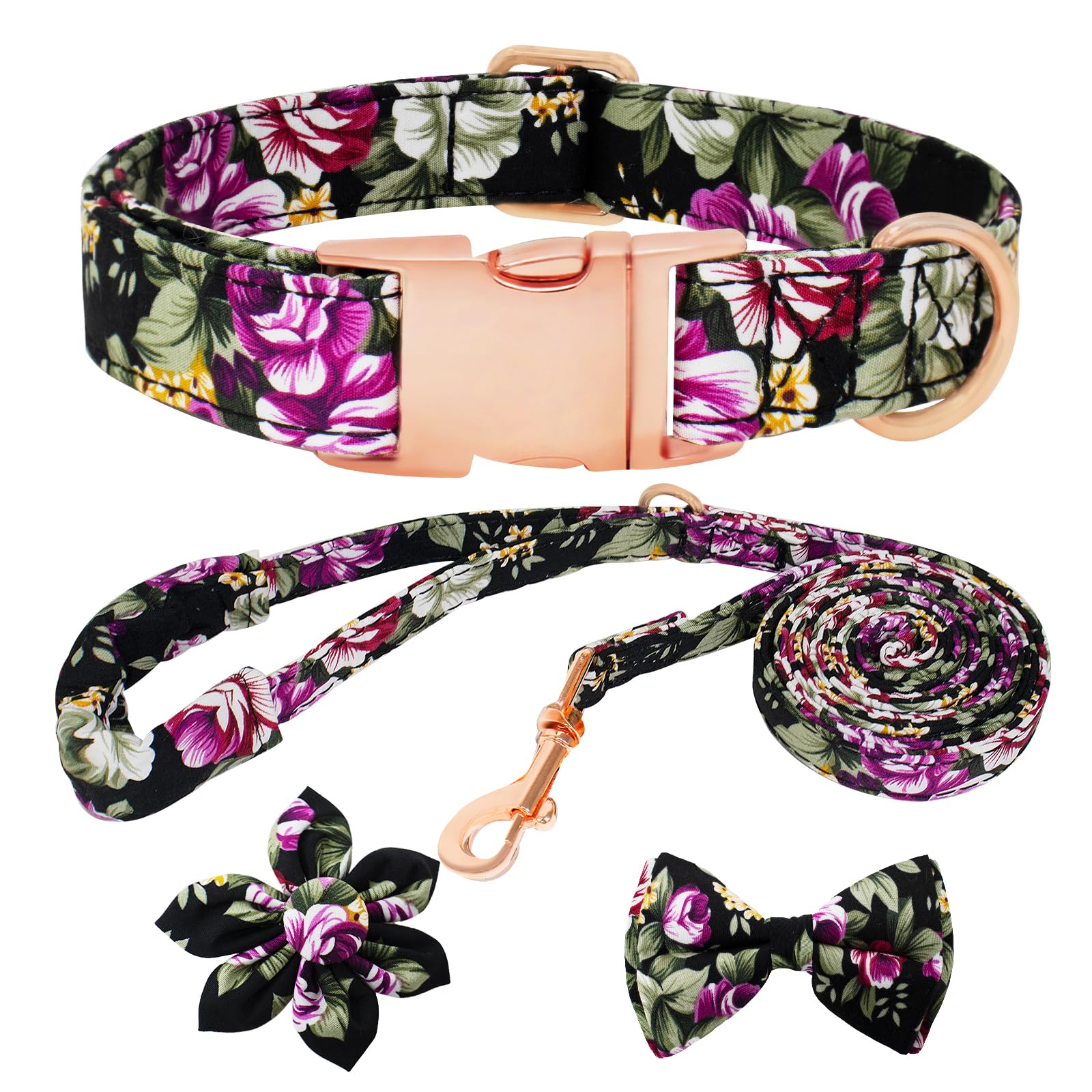 HSIGIO Dog Collar and Leash Set Girls Adjustable Puppy Collars with Floral Bow Tie for Small Medium Large Female Dogs, Black Ros