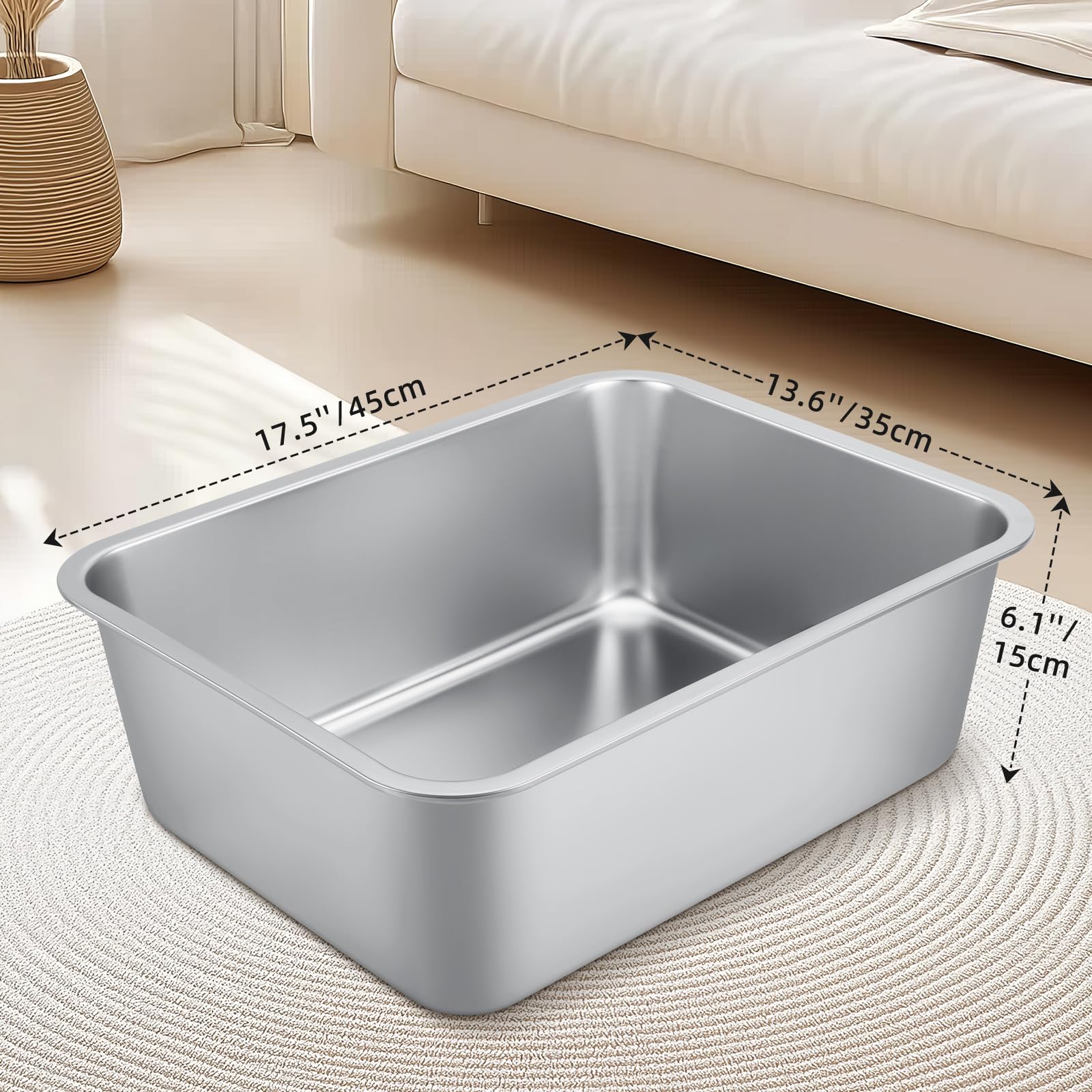 Stainless Steel Cat Litter Box For Large Cats - 17.5''X13.6''X6.1'' High-Sided Metal Tray, Anti-Splash & Odor Resistant, Durable