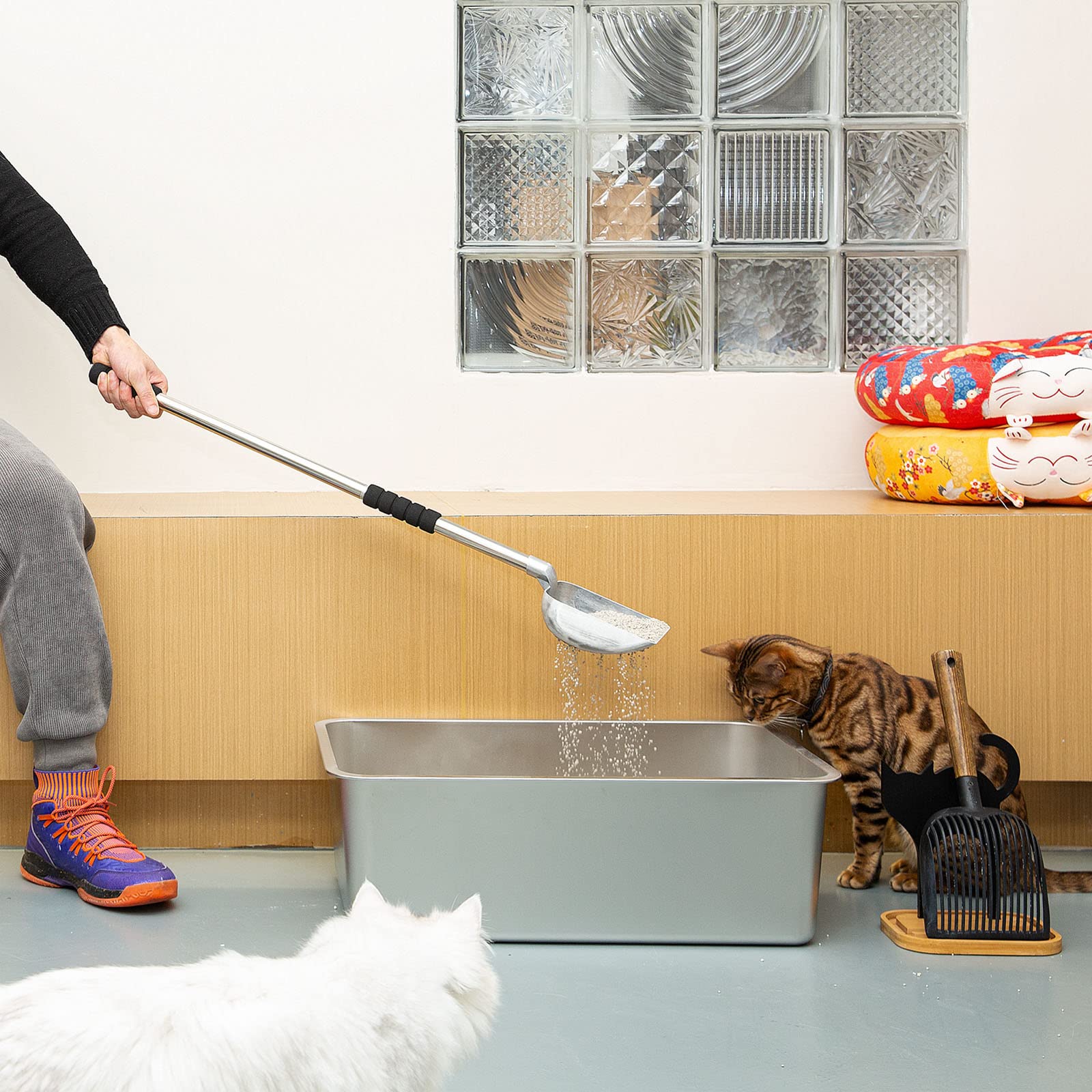 Yangbaga Metal Cat Litter Scoop With Deep Shovel&Long Handle,Detachable Stainless Steel Non-Stick Litter Sifter With Foam Padded Grip, No Bending Back Heavy Duty Cat Litter Scooper (Silver Shovel)