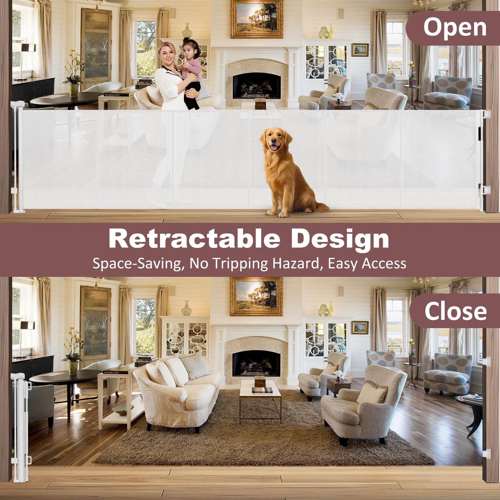 Reinforced 41'' Extra Tall Pet Gate 150'' Extra Wide Retractable Baby Gate with Support Rods, Indoor Extra Long Baby Gates for L