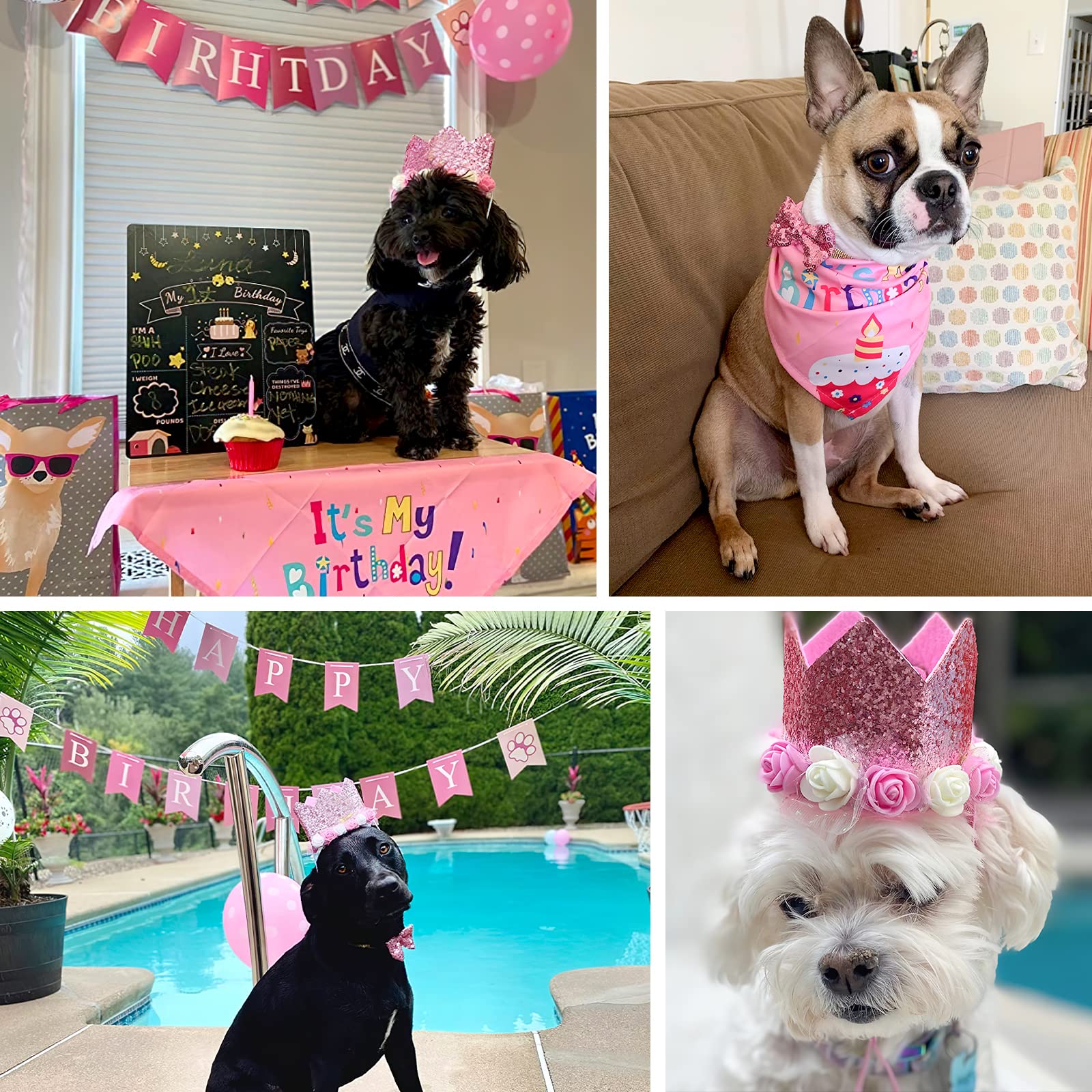 Partywoo Dog Birthday Party Supplies, Dog Birthday Bandana, Birthday Hat, Birthday Banner, Dog Balloons, 15 Pcs Pink Dog Party Decorations, Party Supplies, Dog Birthday For Small Medium Dogs Pet