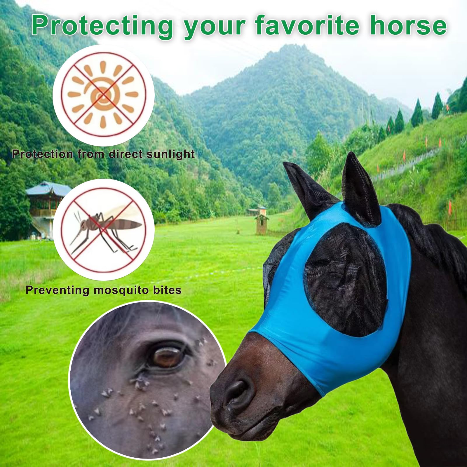 FOXLVDA 3 Pcs Horse Fly Mask - Fly Masks for Horses with Ears, Fashionable and Breathable Stretch Fabric with UV & Sun Protectio
