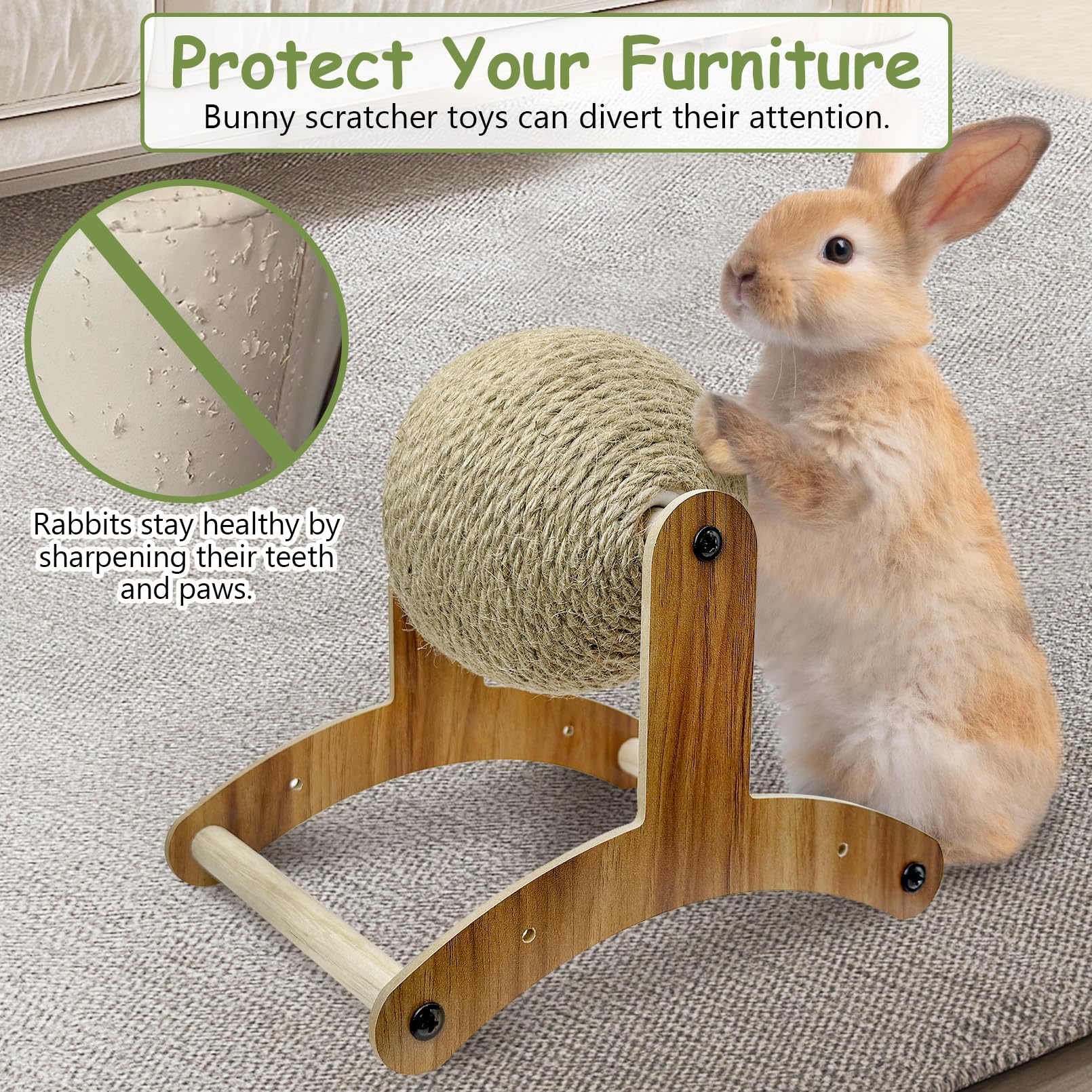 Fhiny Rabbit Scratch Toy, Natural Sisal Rabbit Scratching Ball Sisal Rope Bunny Claw Scratcher Rotating Ball Interactive Toys Na