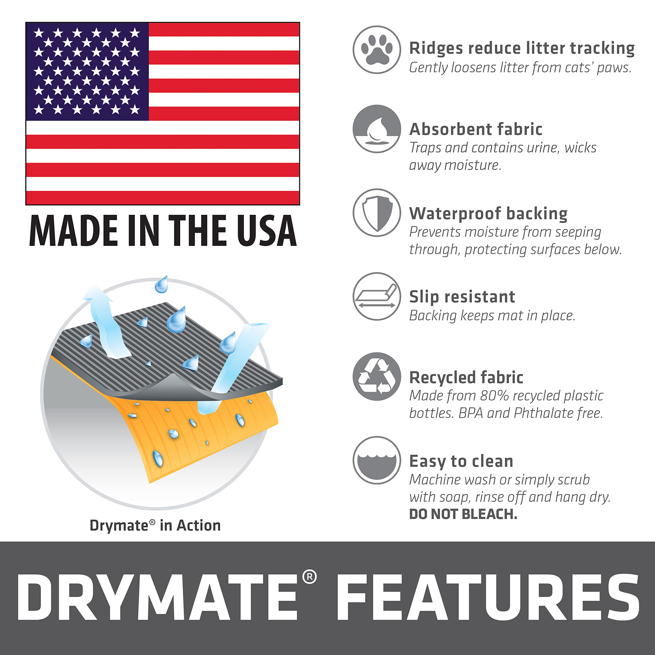 Drymate Premium Cat Litter Trapping Mat (Debossed Paw), Traps Mess From Box, Protects Floors, Urine-Proof, Machine Washable, Soft On Kitty Paws, Absorbent, Waterproof (Usa Made, Recycled Content)
