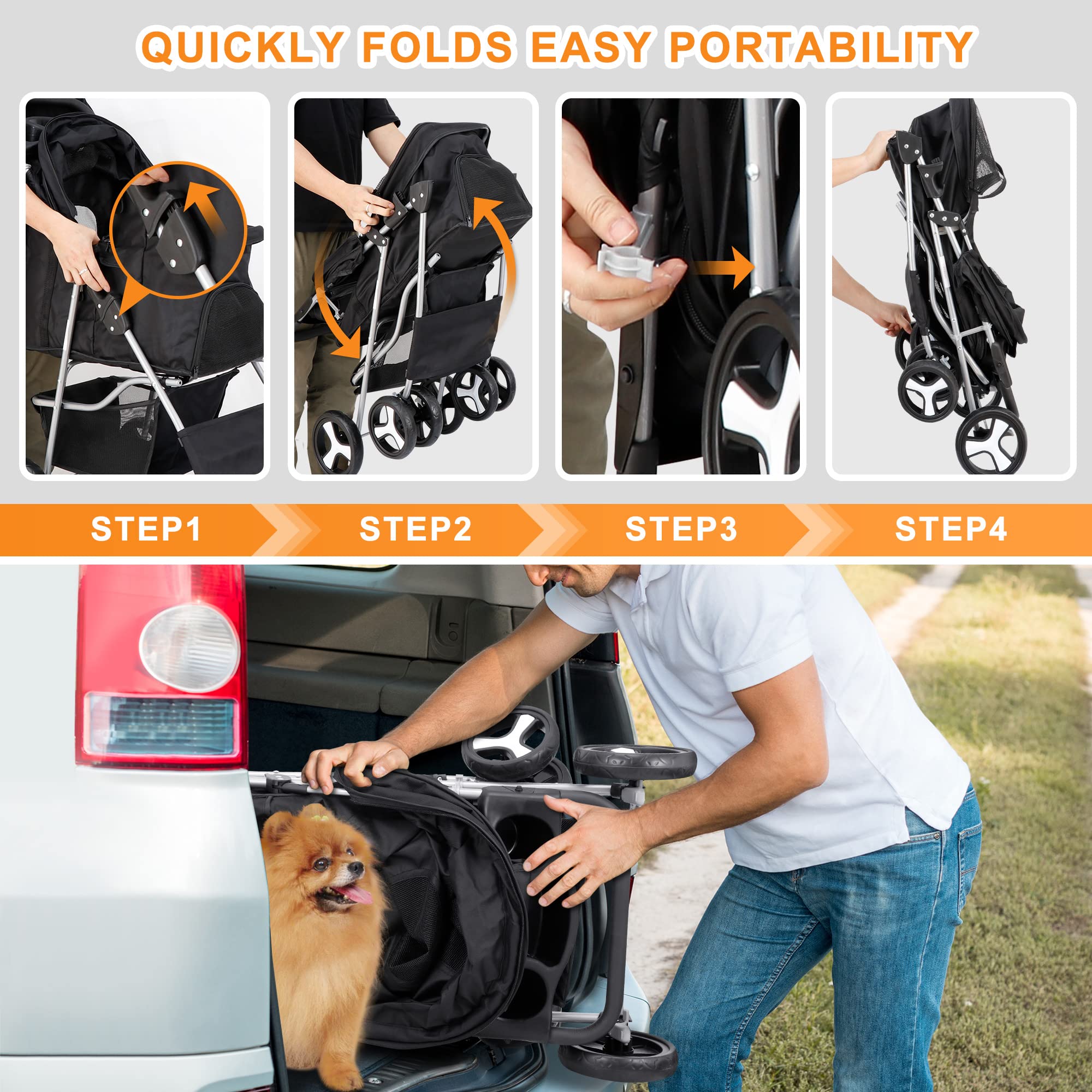 Pet Stroller 4 Wheels Dog Cat Stroller For Small Medium Dogs Cats Foldable Puppy Stroller With Storage Basket And Cup Holder