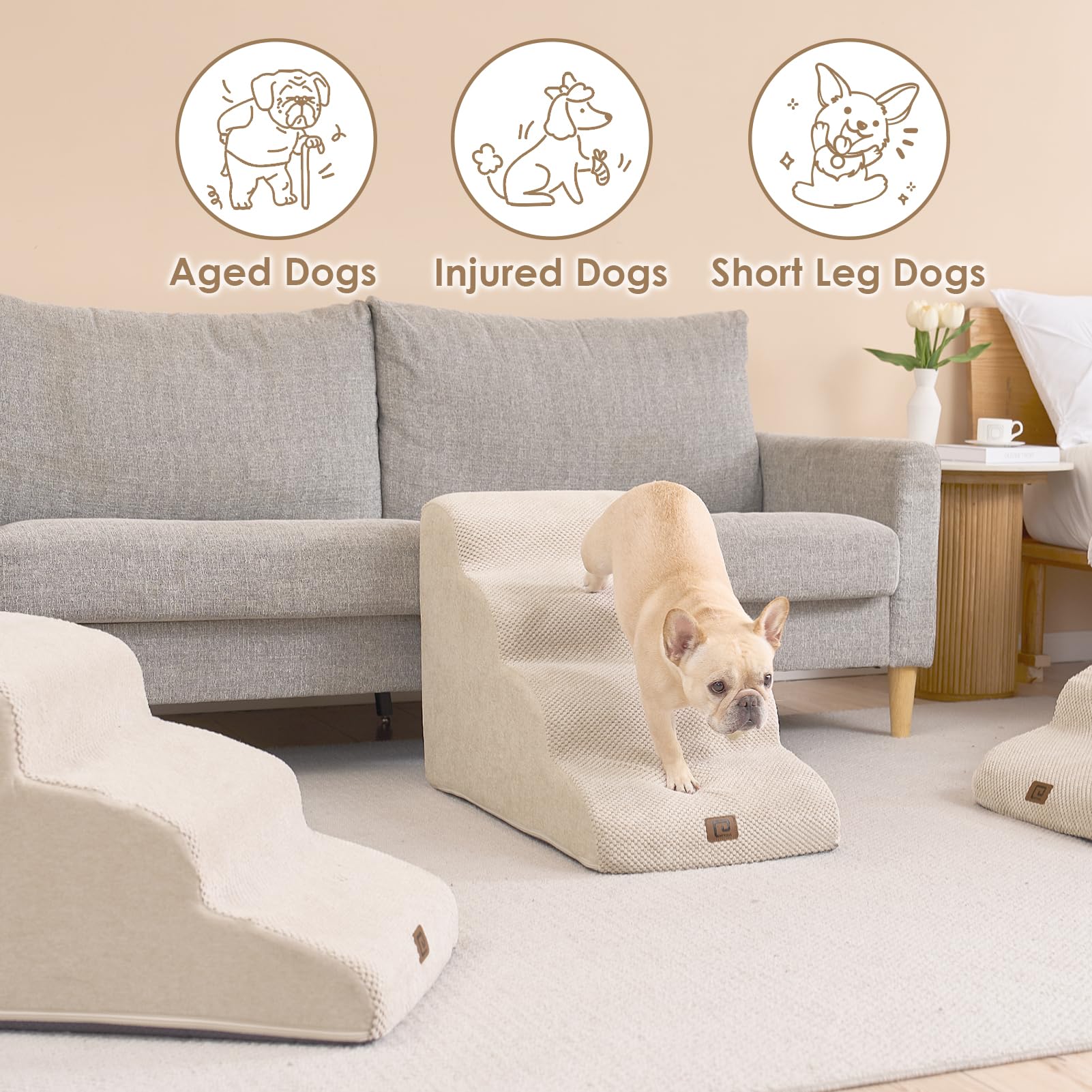 Eheyciga Curved Dog Stairs Ramp For High Beds 19.7' H, 4-Step Dog Steps For Small Dogs And Cats, Pet Stairs For High Bed Climbing, Non-Slip Balanced Pet Step Indoor, Beige