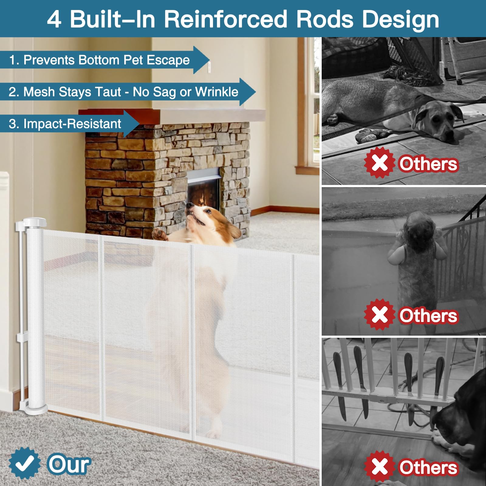 28'' Tall Retractable Dog Gate, 80'' Wide Reinforced Retractable Baby Gates with Support Rods, Walk Through Baby Gate Easy Step-