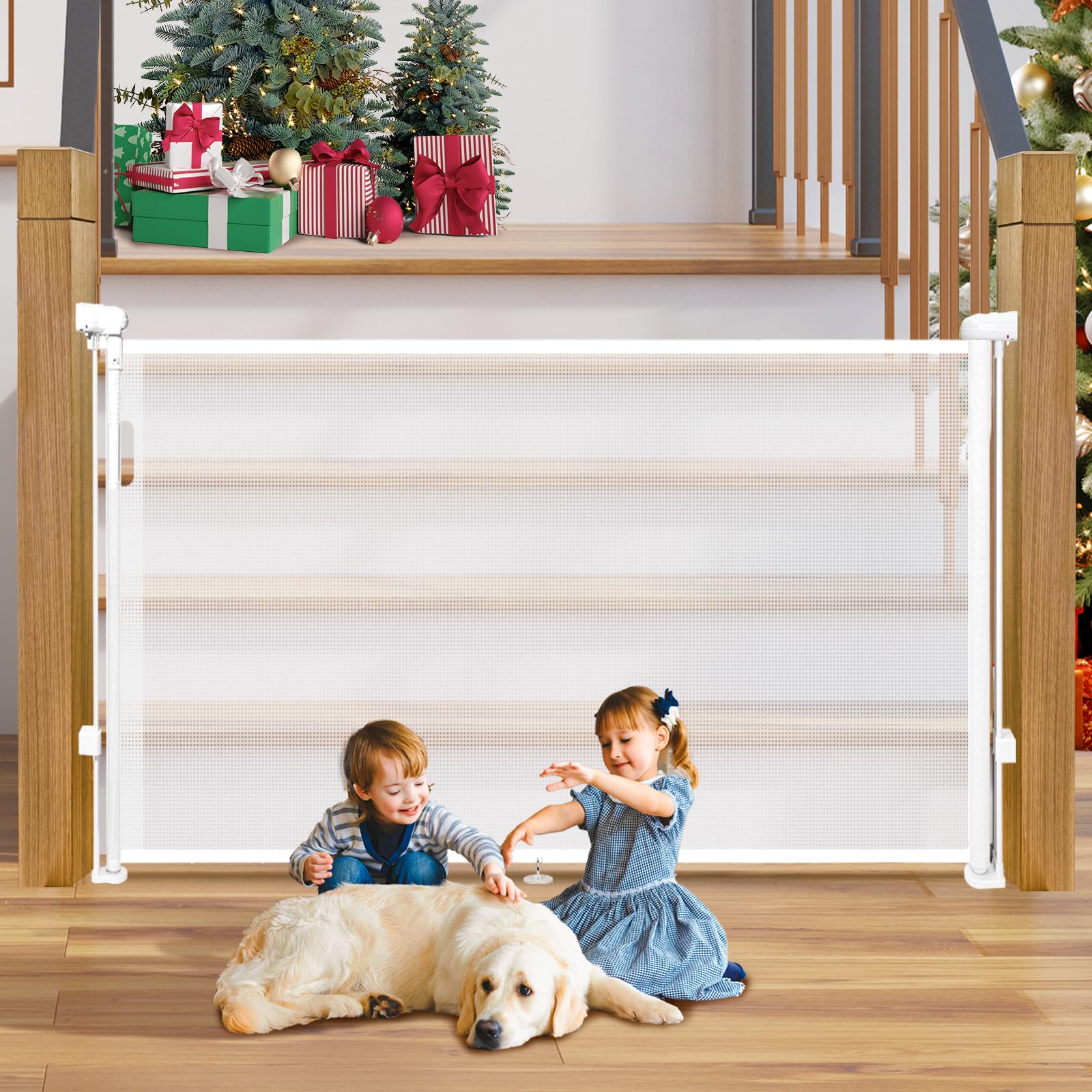 Retractable Baby Gates - 200 Extra Wide Retractable Dog Gate, 42 Extra Tall Mesh Gate Pet Gate with Support Rods, Long Child Saf