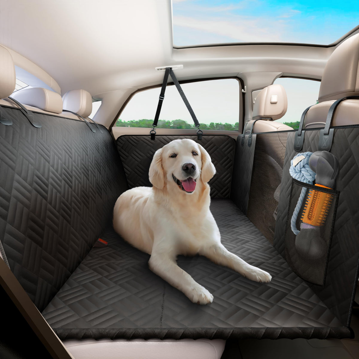 Ellini Dog Car Seat Cover For Back Seat, Hard Bottom Back Seat Extender For Dogs, Holds 400Lbs, 600D Heavy Duty Scratch-Proof Wa