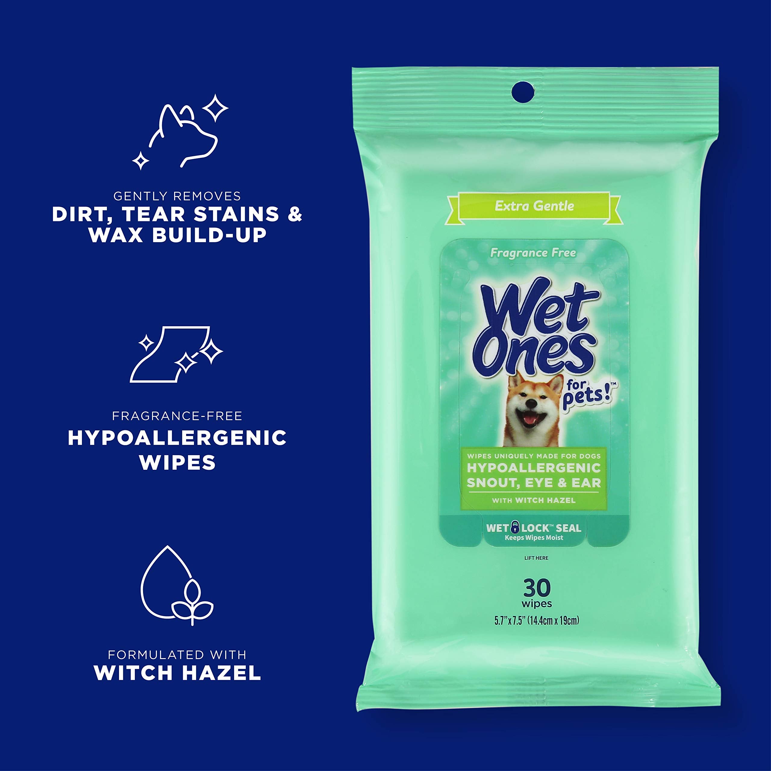 Wet Ones For Pets Extra Gentle Hypoallergenic Dog Wipes With Witch Hazel For Snout, Eye, Ear | Fragrance-Free For All Dogs With Wet Lock Seal | 30 Ct Pouch