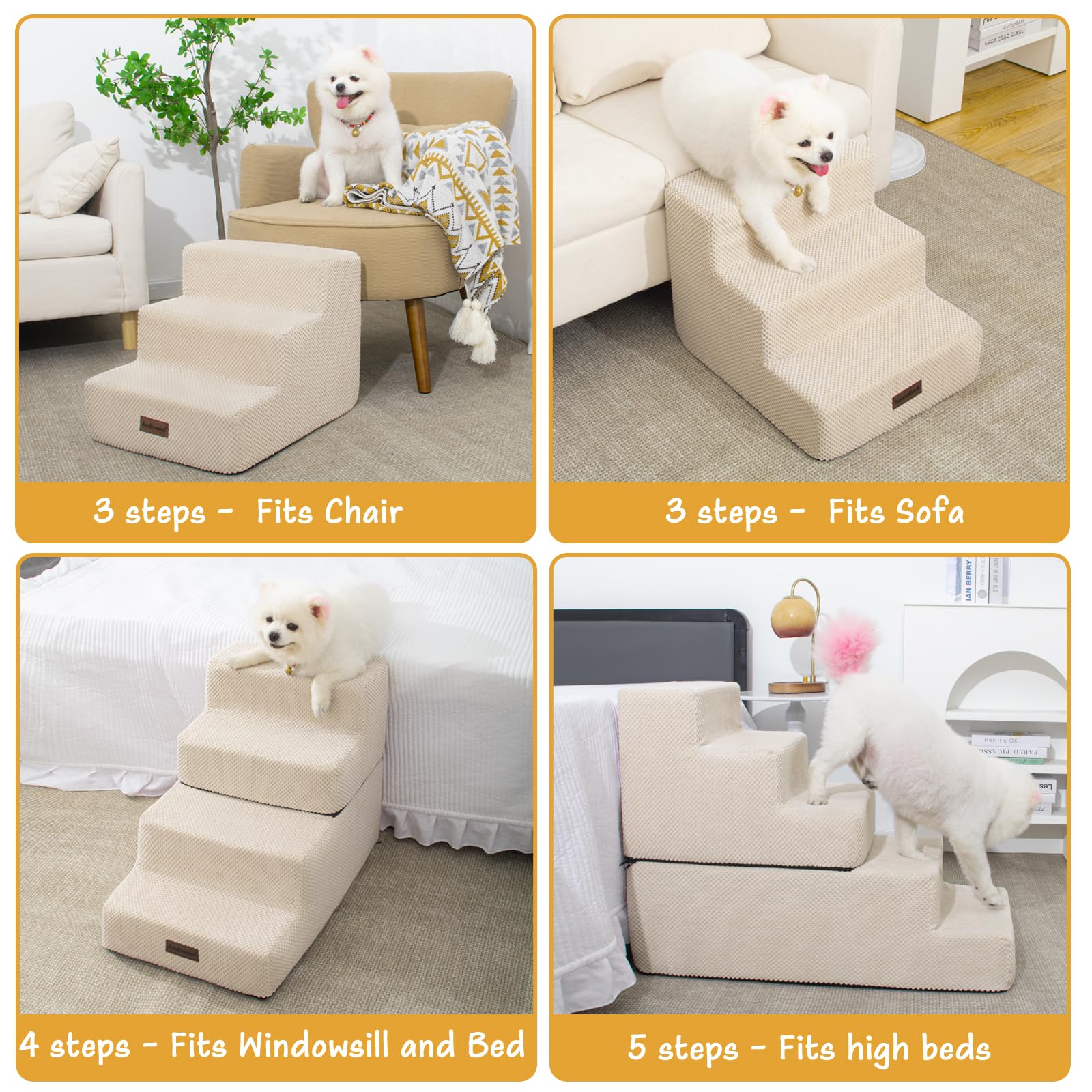 Dog Stairs for Small Dogs & Cats, 3-Step Non-Slip Pet Steps for Couch Sofa and Chair, Beige, 13.6  H