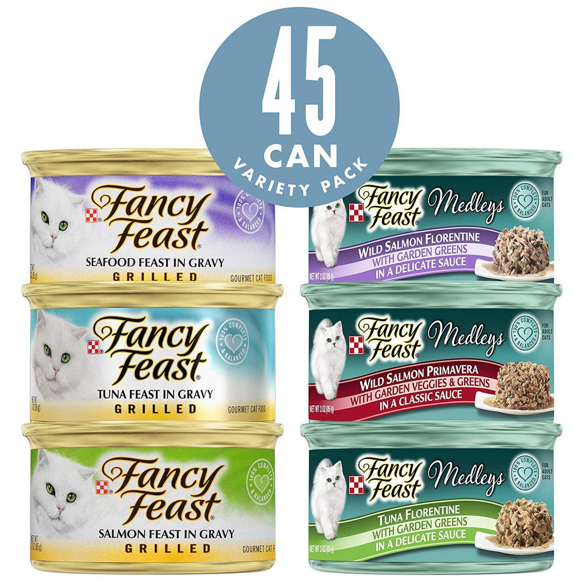 Purina Fancy Feast Wet Cat Food Variety Pack, Grilled Feast & Medleys Seafood Collection - (Pack Of 45) 3 Oz. Cans