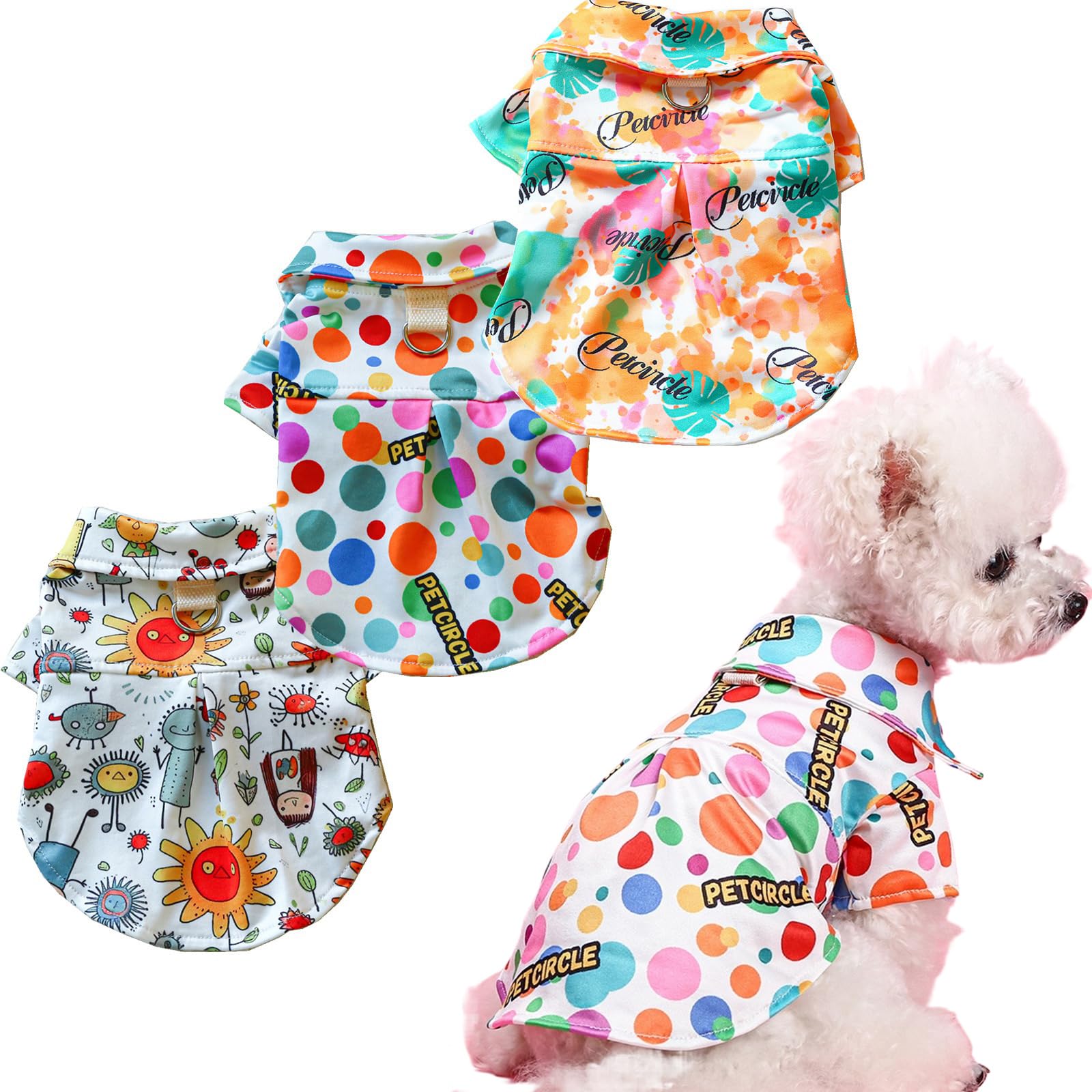 Dog Shirts For Small Dogs, 3Pack Girl Boy Dog Clothes With Leash Ring & Buttons, Small Puppy Tshirts With Sleeves Colorful Carto