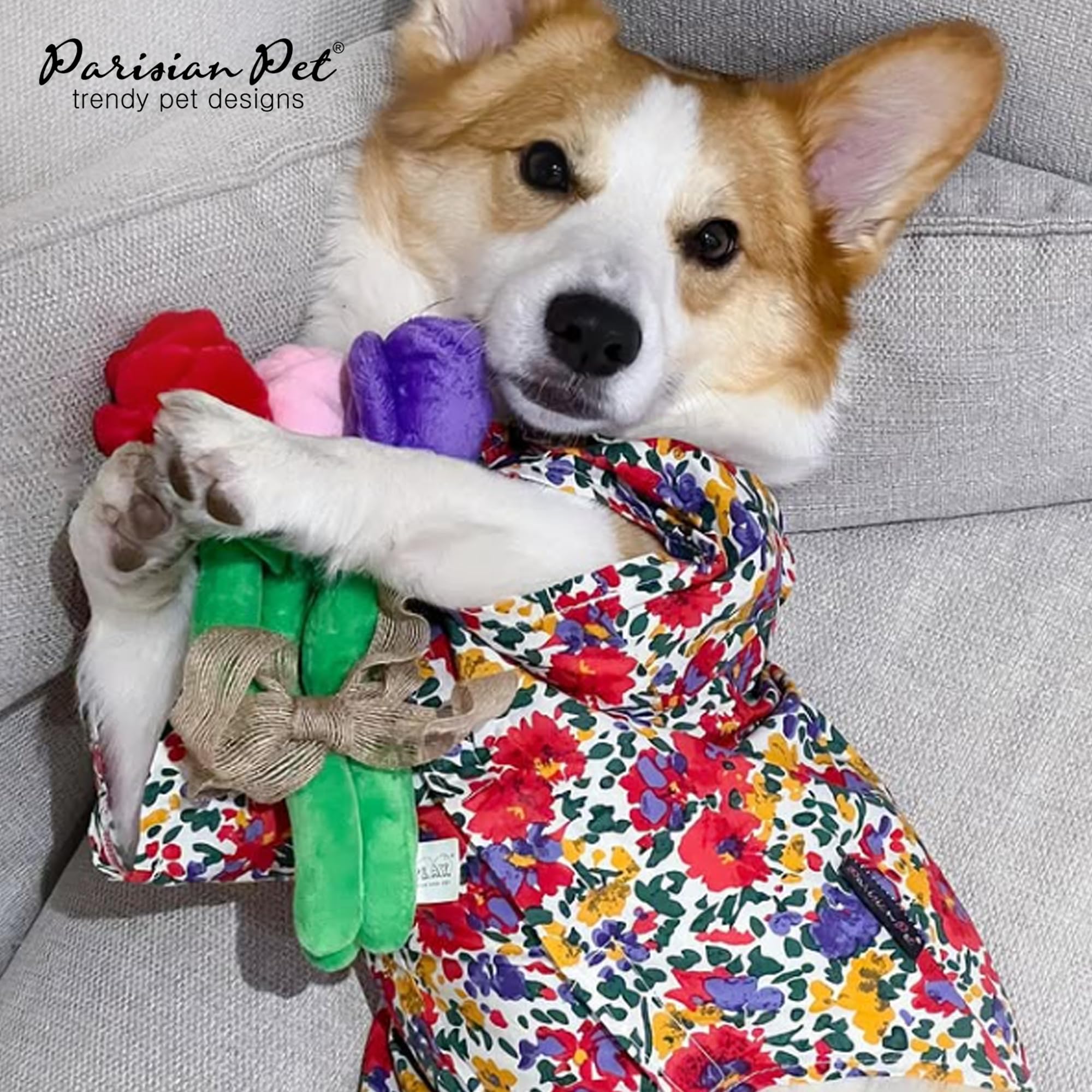 Parisian Pet Floral Printed Dog Summer Dress - 100% Cotton Breathable Ruched Waist - Medium Dog Girl Dress