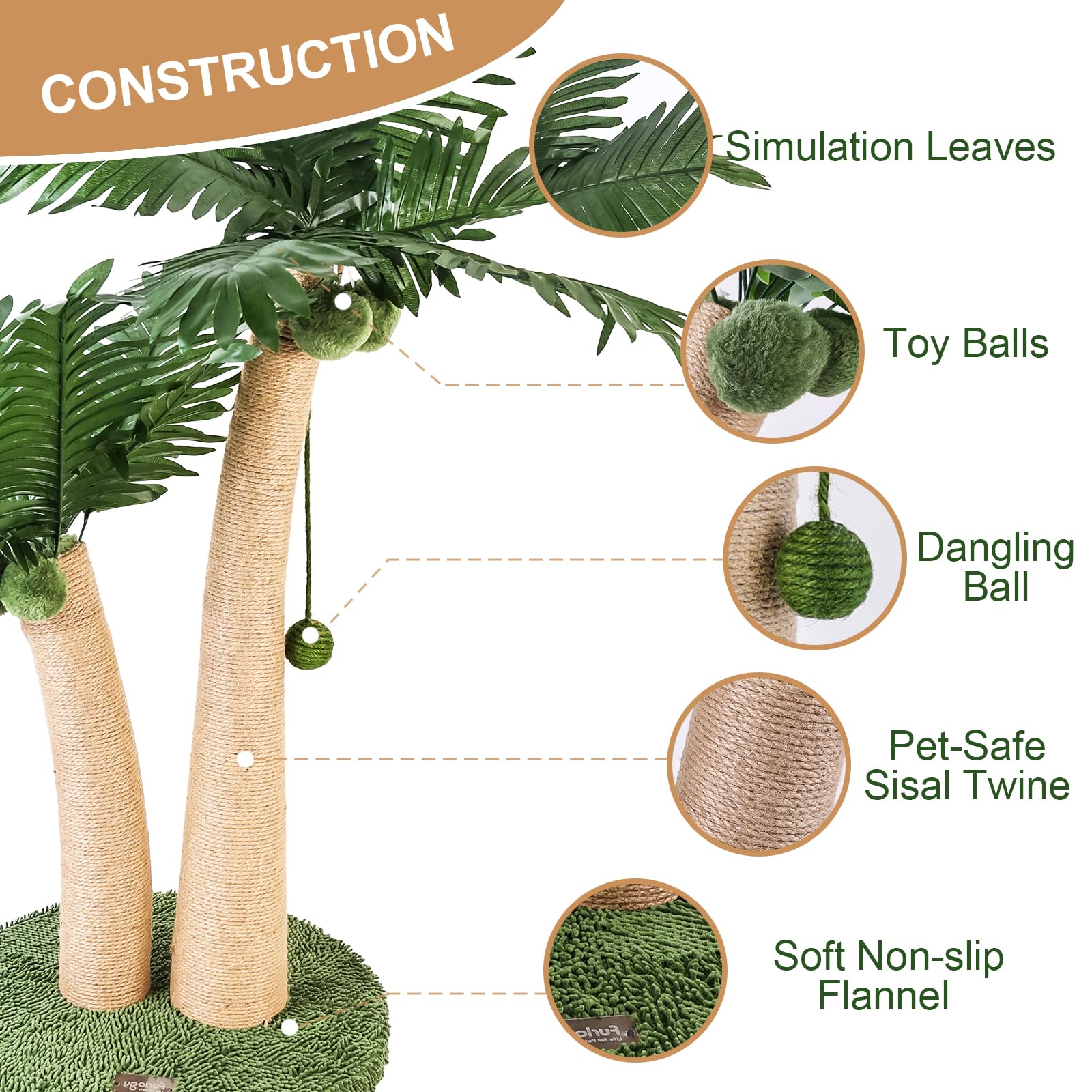 Furlogy 35 Tall Cat Scratching Post, 2 Curved Design Cat Scratcher Post with 5 Interactive Balls, Natural Sisal Rope Scratching