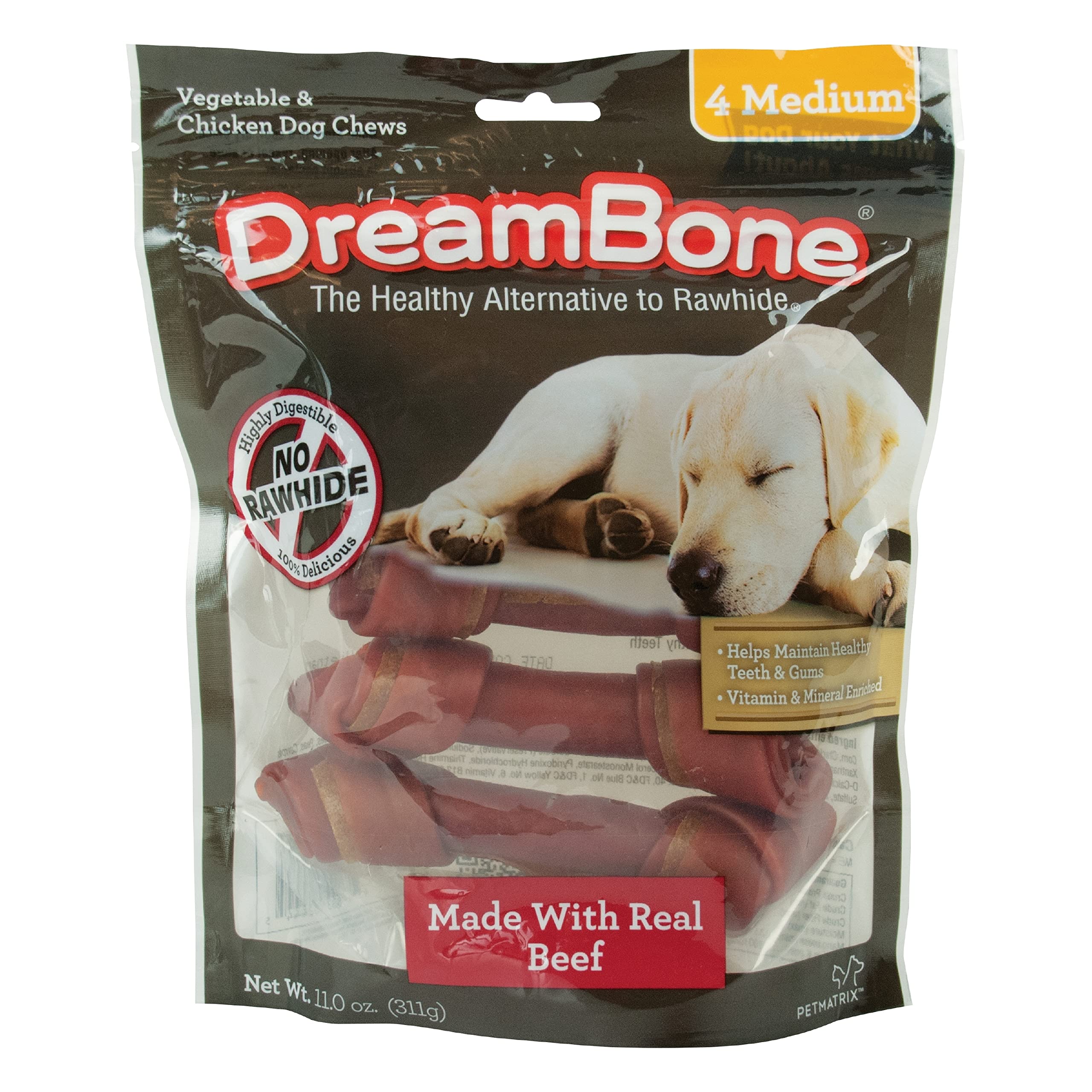 DreamBone Chews, Medium Rawhide Free Dog Bones Made With Real Beef, Chicken and Vegetables, 4 Count