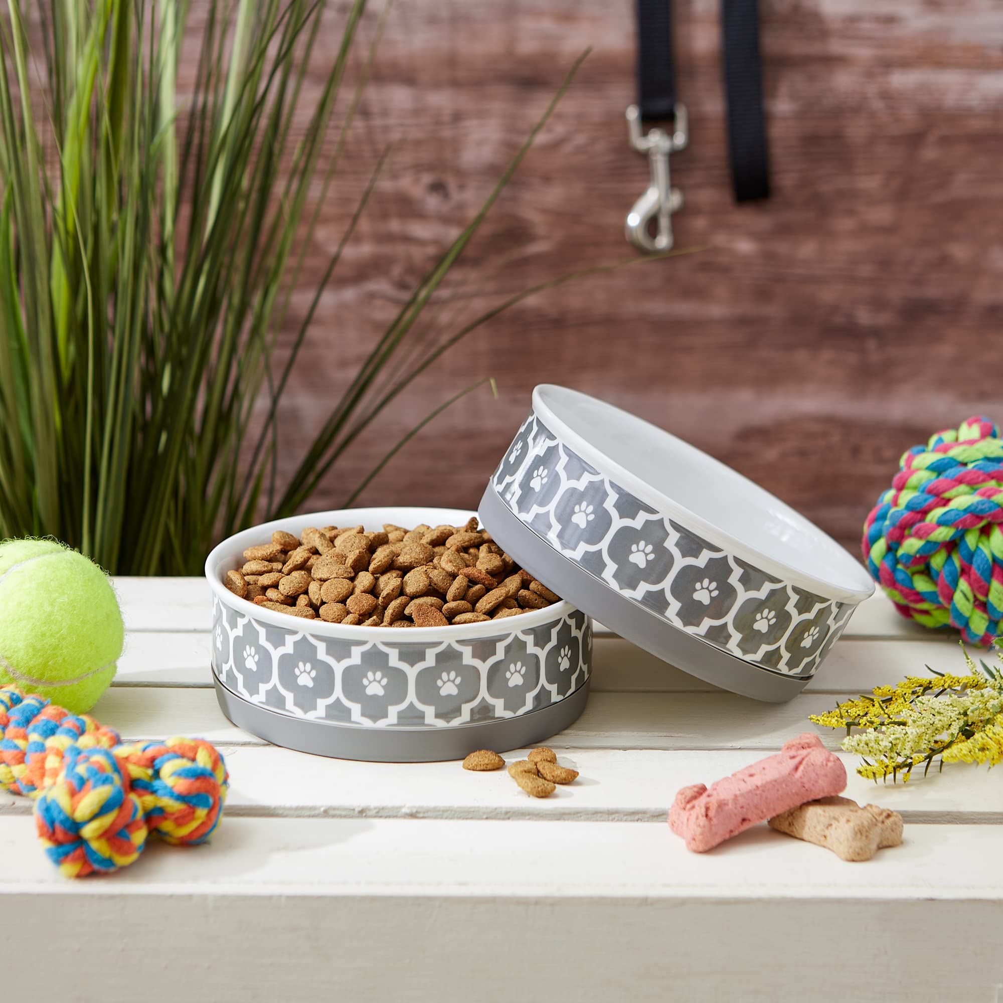 Bone Dry Paw Print Ceramic Pet Bowl, Lattice Collection, Medium Set, 6x2, Gray, 2 Count