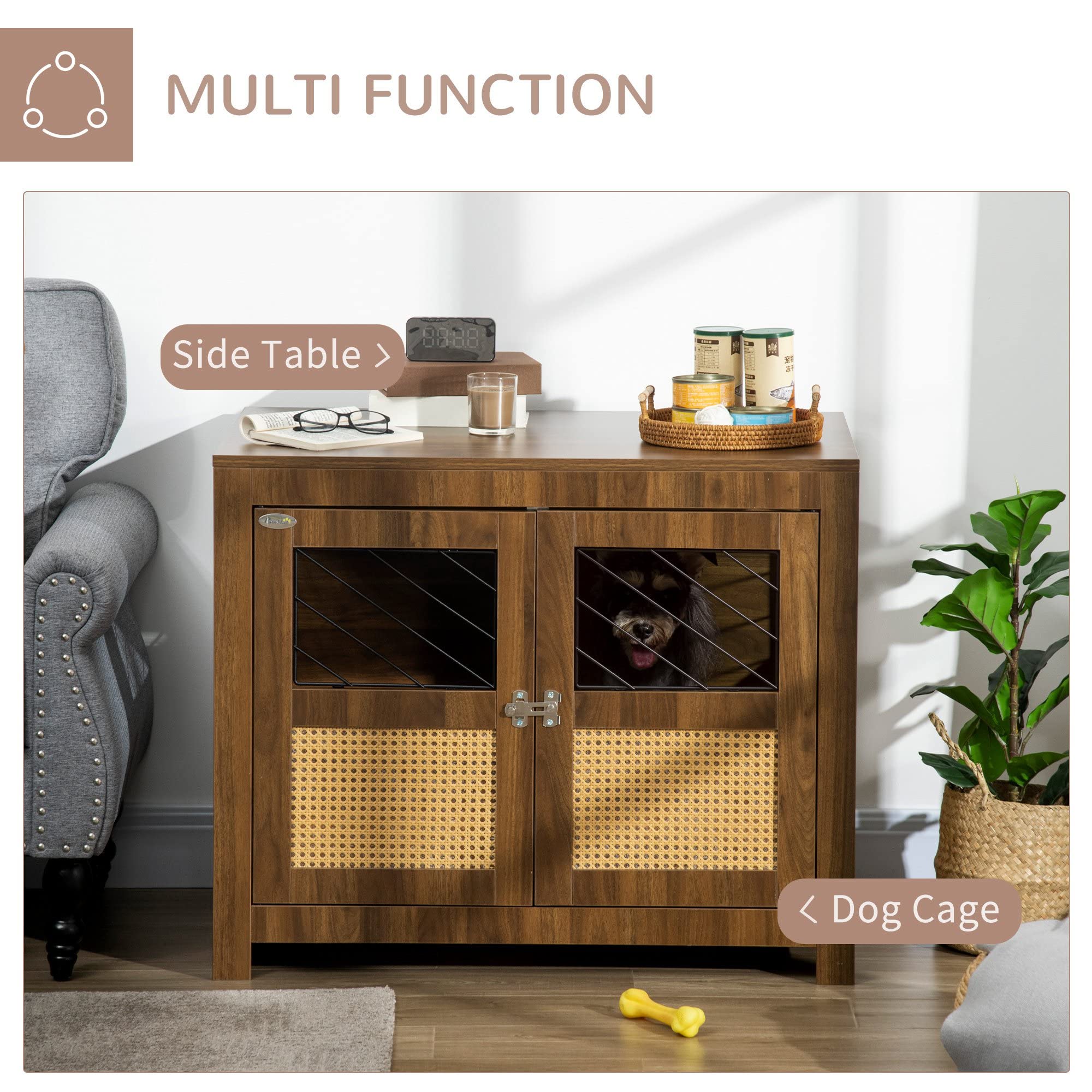 PawHut Dog Crate Furniture with Soft Cushion, Dog Crate End Table with Rattan Decoration, Small to Medium Sized Dog Kennel Furni