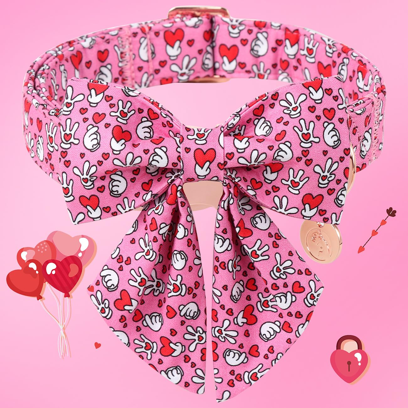 Dogwong Valentine Dog Collar With Bow, Pink Heart Dog Collar Durable Soft Cotton Pet Dog Collar Cute Heart Valentines Day Puppy