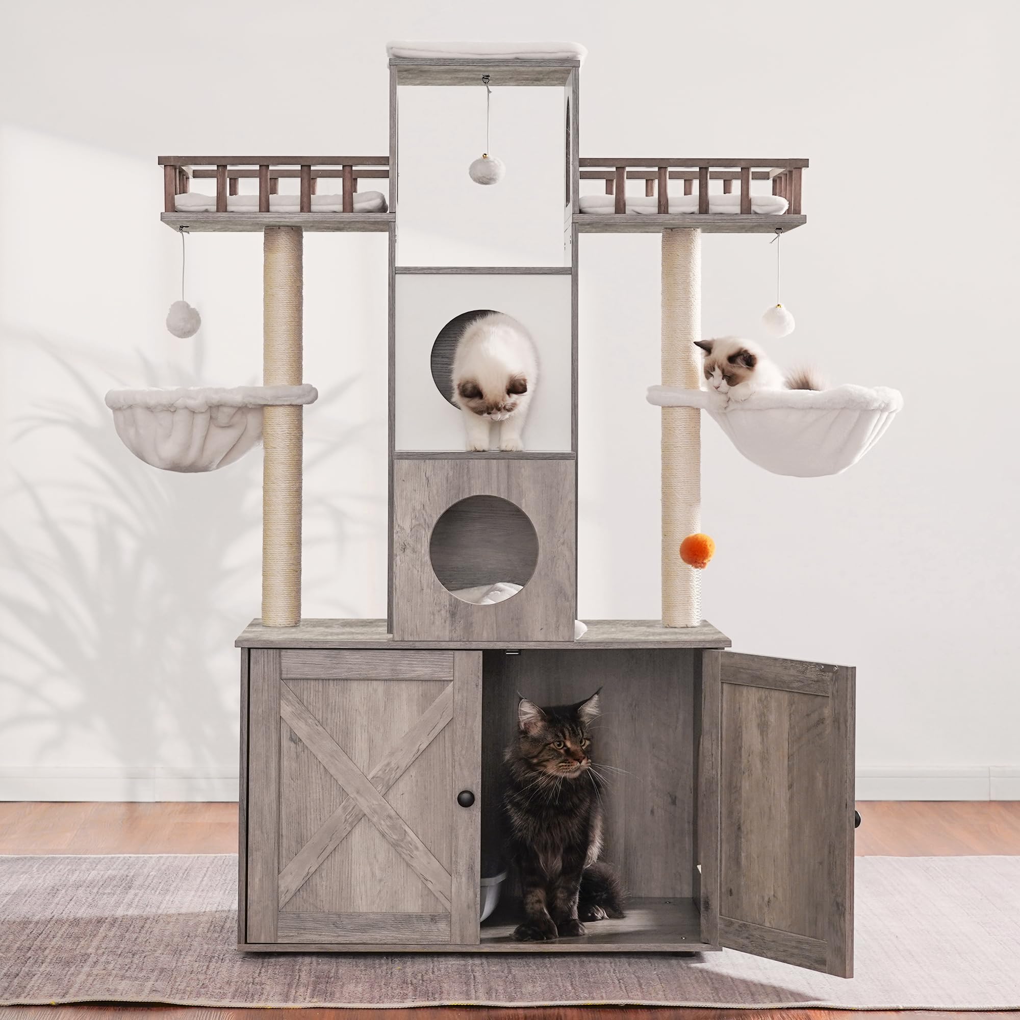 Heybly Cat Tree With Litter Box Enclosure For Indoor Big Cat, Cat Tower For Large Cats 20 Lbs Heavy Duty, Modern Cat Condo Furni