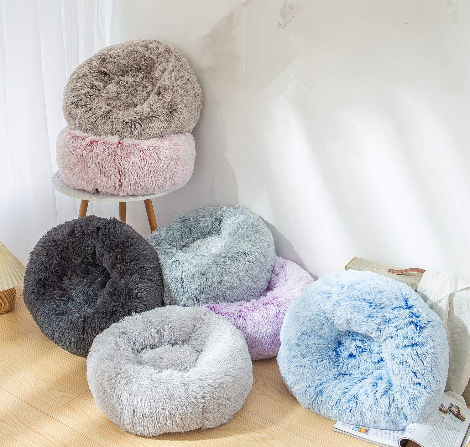 Tormays Calming Donut Dog Bed Medium, Plush Round Cuddler Dog & Cat Bed, Anit-Anxiety Marshmellow Fluffy Faux Fur Cushion (24', Light Grey)