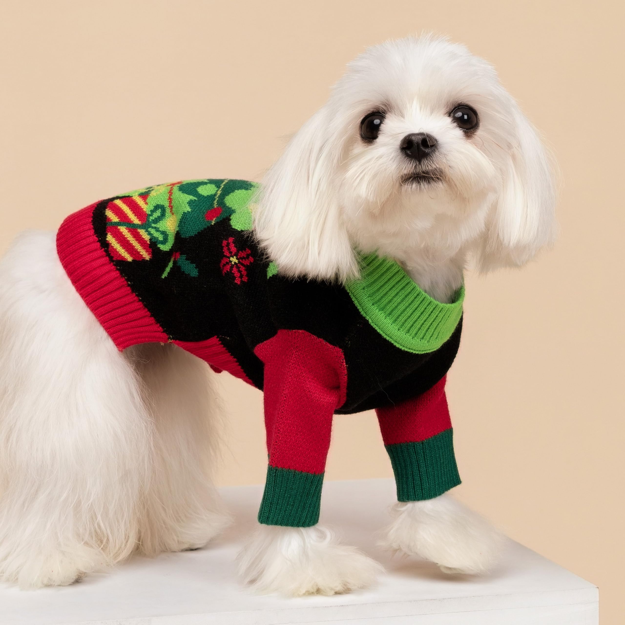 Fitwarm Cozy Dog Christmas Sweater, Thermal Winter Clothes For Small Dogs, Boy & Girl, Holiday Pet Apparel, Black, Red, Green, Y