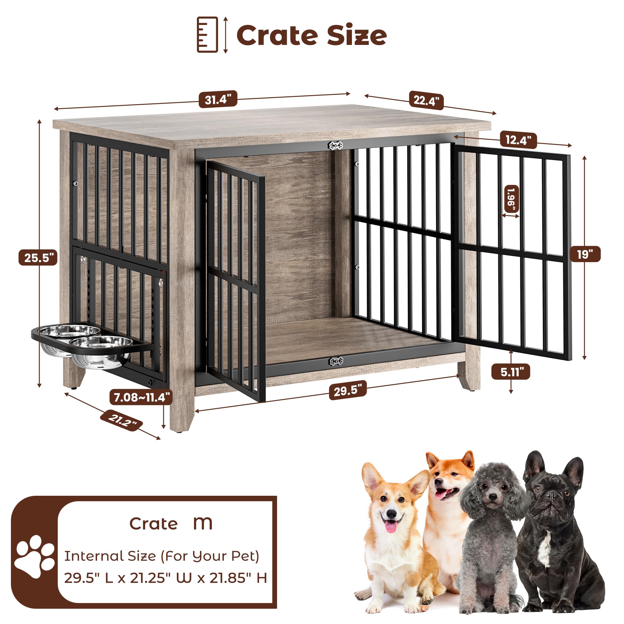 Lulive Dog Crate Furniture, Wooden Dog Kennel Indoor with Adjustable 360& Height Dog Bowls, Double Doors Furniture Dog Crates En