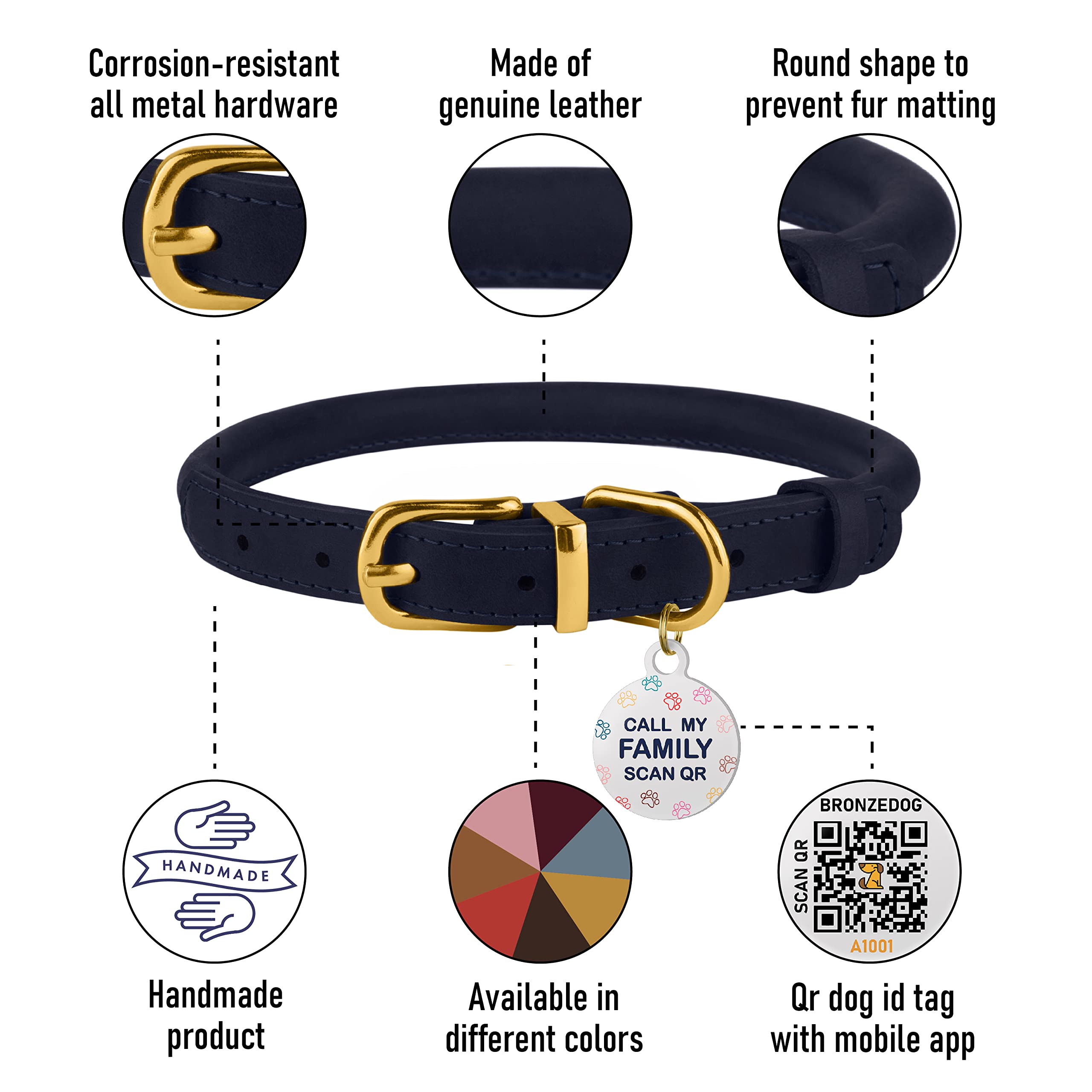 Bronzedog Rolled Leather Dog Collar With Qr Id Dog Tag Durable Round Personalized Collars Small Medium Large Dogs Puppy Cat (17-19 Inch, Dark Blue)