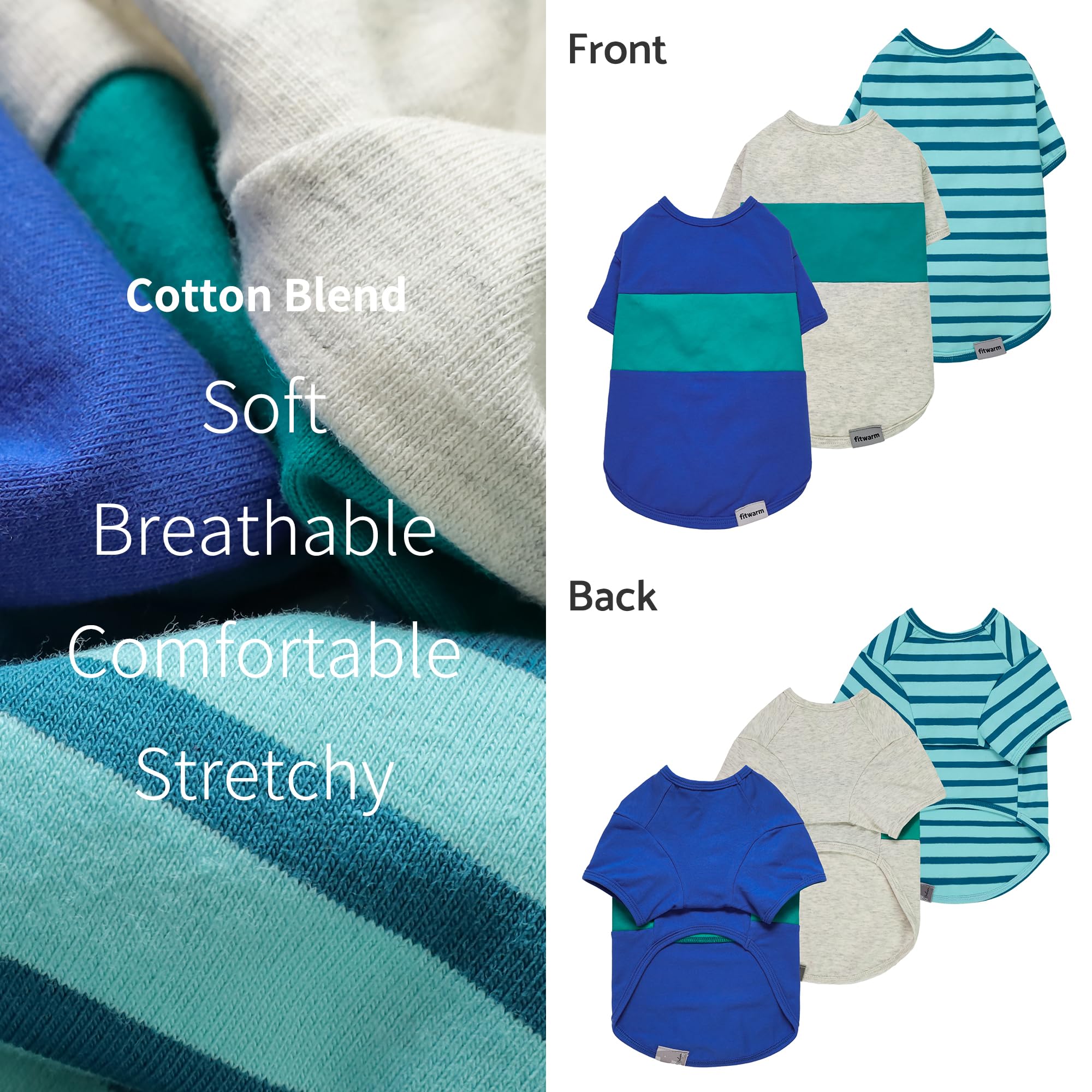 Fitwarm 3 Pack Color Block Striped Dog Shirt, Summer Dog Clothes for Small Dogs, Breathable Lightweight Pet Tshirt with Sleeves,