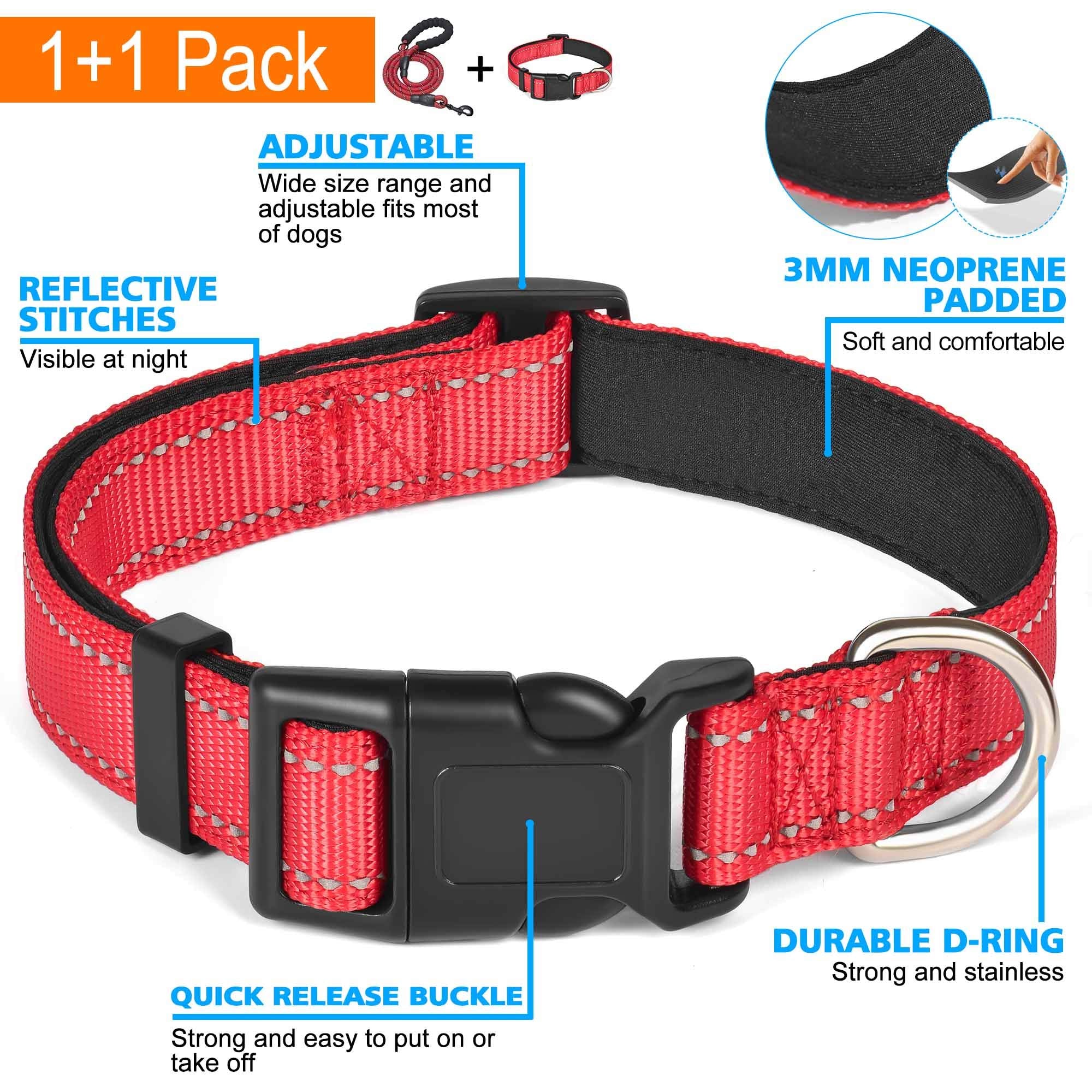 Ladoogo Reflective Dog Collar Padded With Soft Neoprene Breathable Adjustable Nylon Dog Collars For Small Medium Large Dogs (Lar