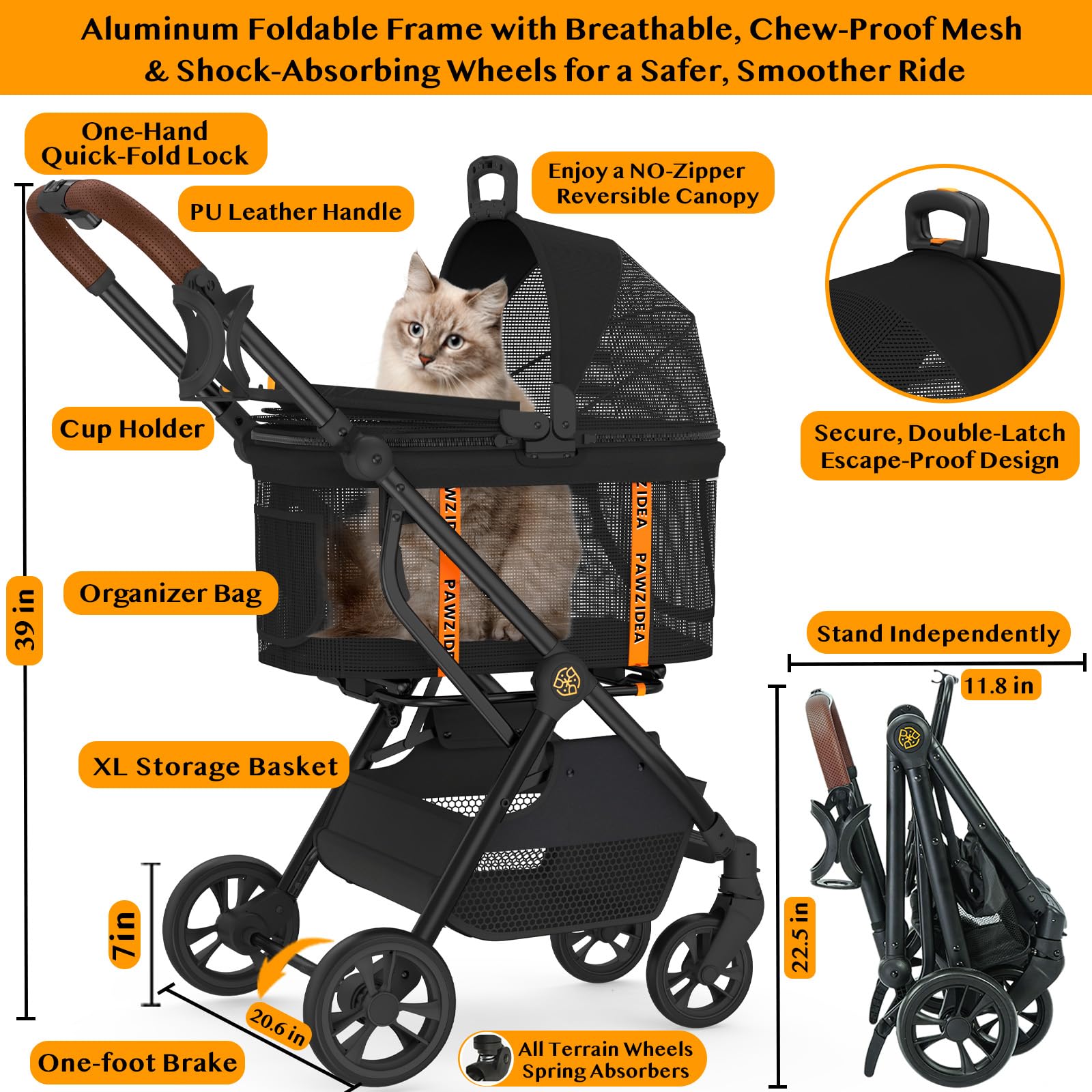 Pawzidea Dog Stroller 4 In 1, Pet Stroller For Cats With Detachable Carrier For Small/Medium Dogs/Cats, Seatbelt Car Seat Combo,