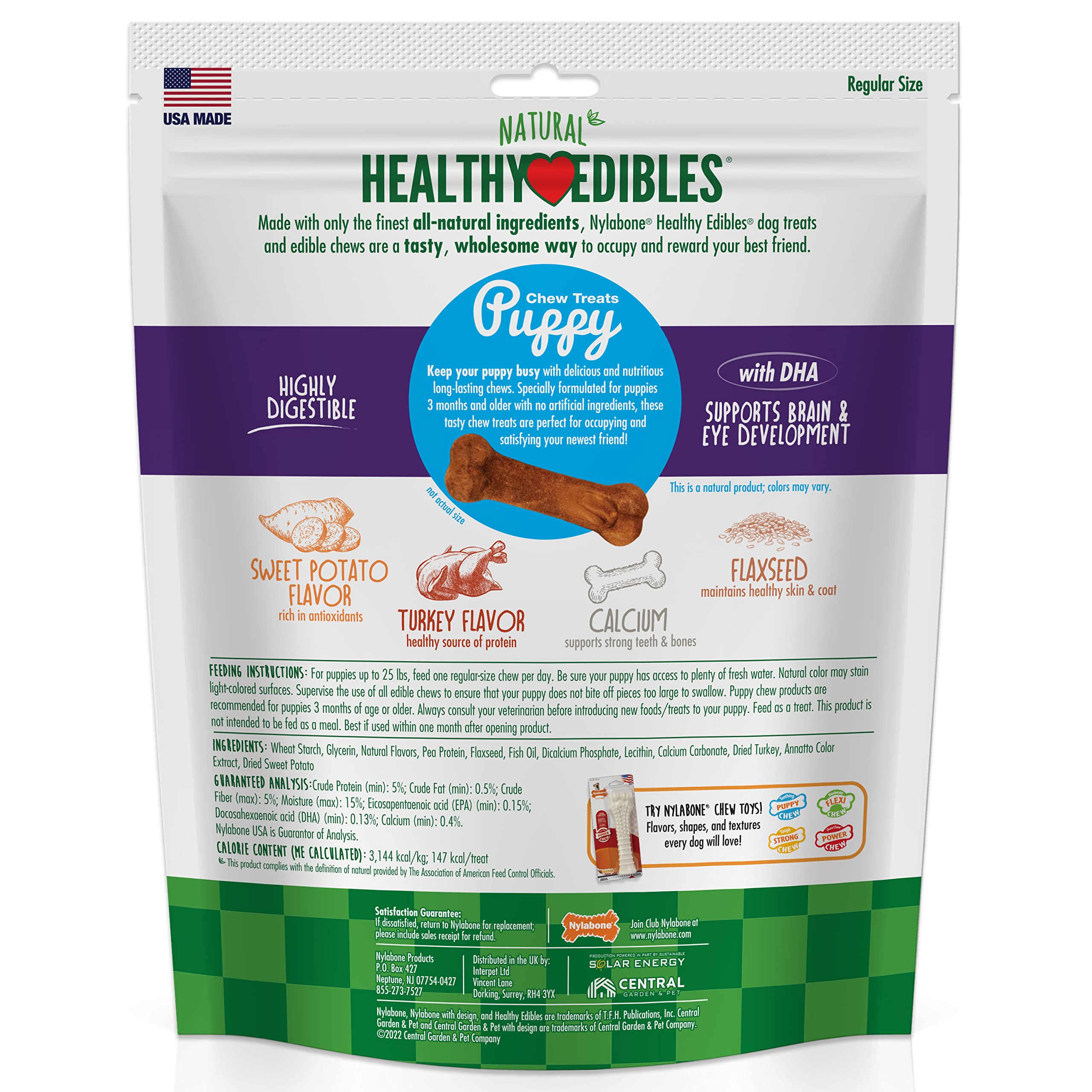 Nylabone Healthy Edibles Natural Puppy Chews Long Lasting Treats for Puppies, Turkey & Sweet Potato Flavor, Small/Regular (8 Cou