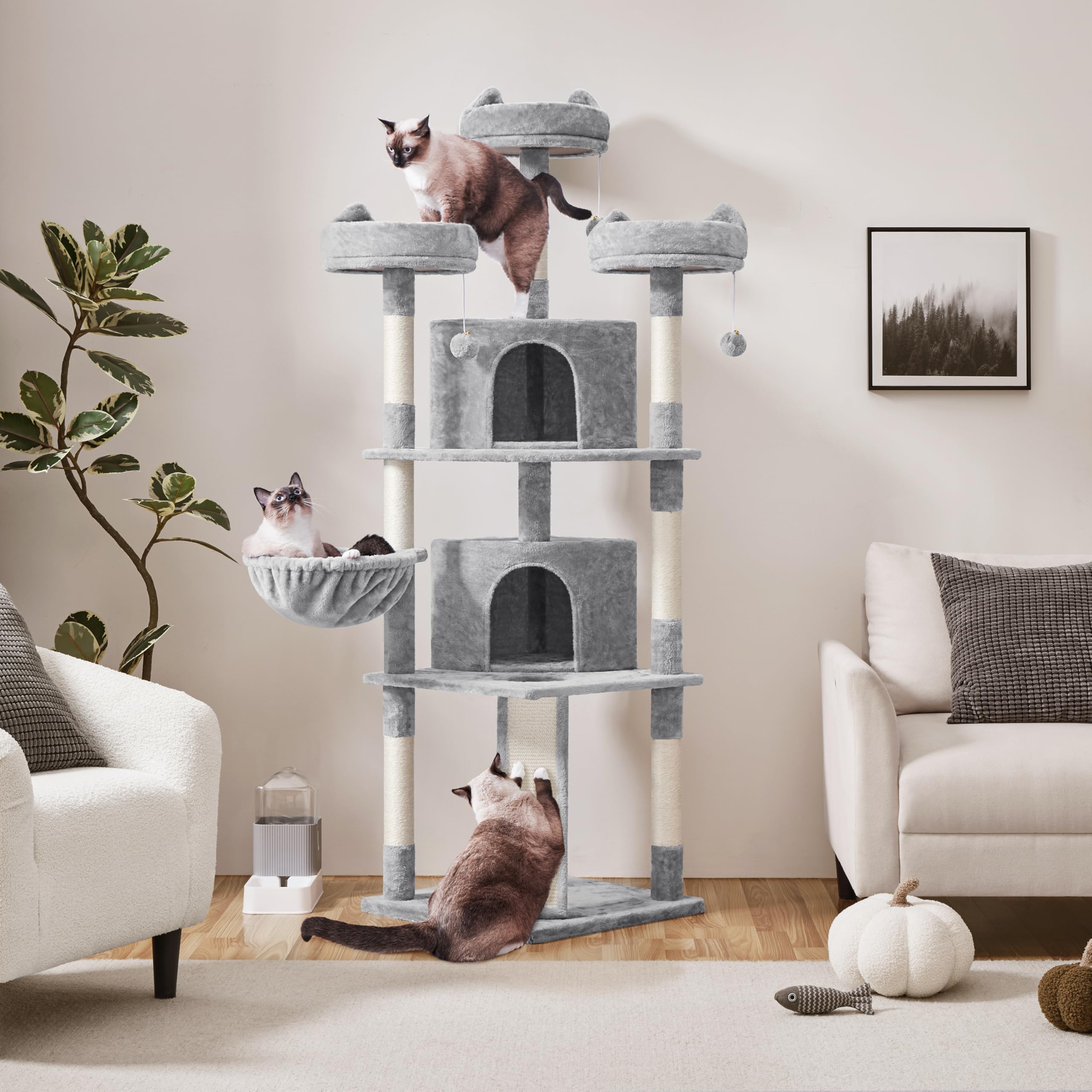 Yaheetech Large Cat Tree 76Inch, Multilevel Cat Tower With Perches Condos Scratching Posts For Indoor Cats, Light Gray