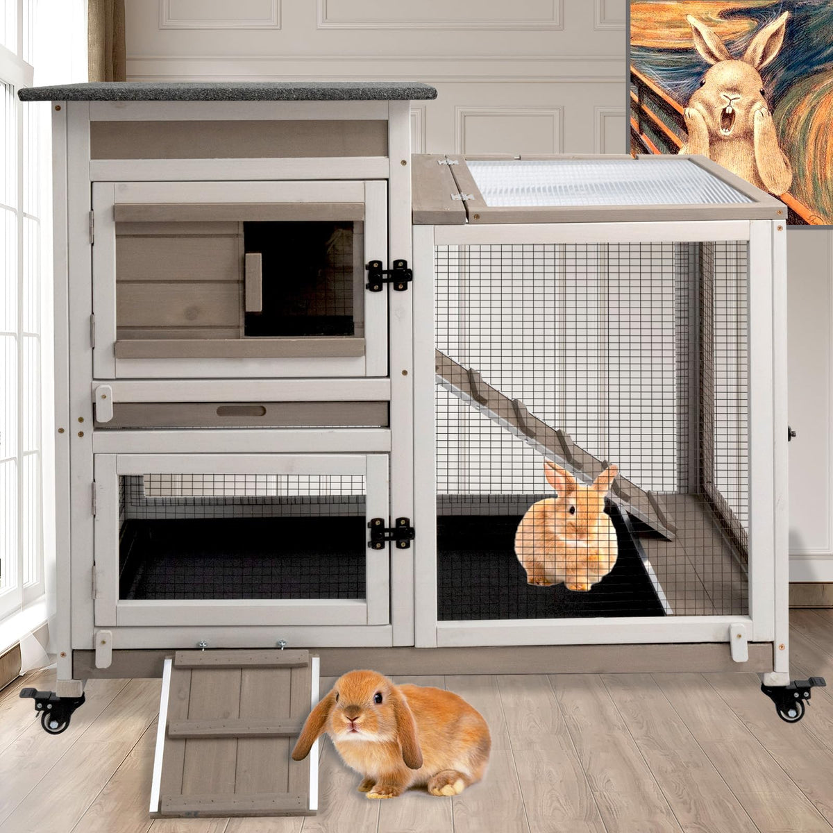 Petscosset Rabbit Hutch Indoor 40'' L Large 2 Story Outdoor Wooden Bunny Hutch With Run, 4 Metal Wheels & 2 Deeper Trays, Uv-Pro